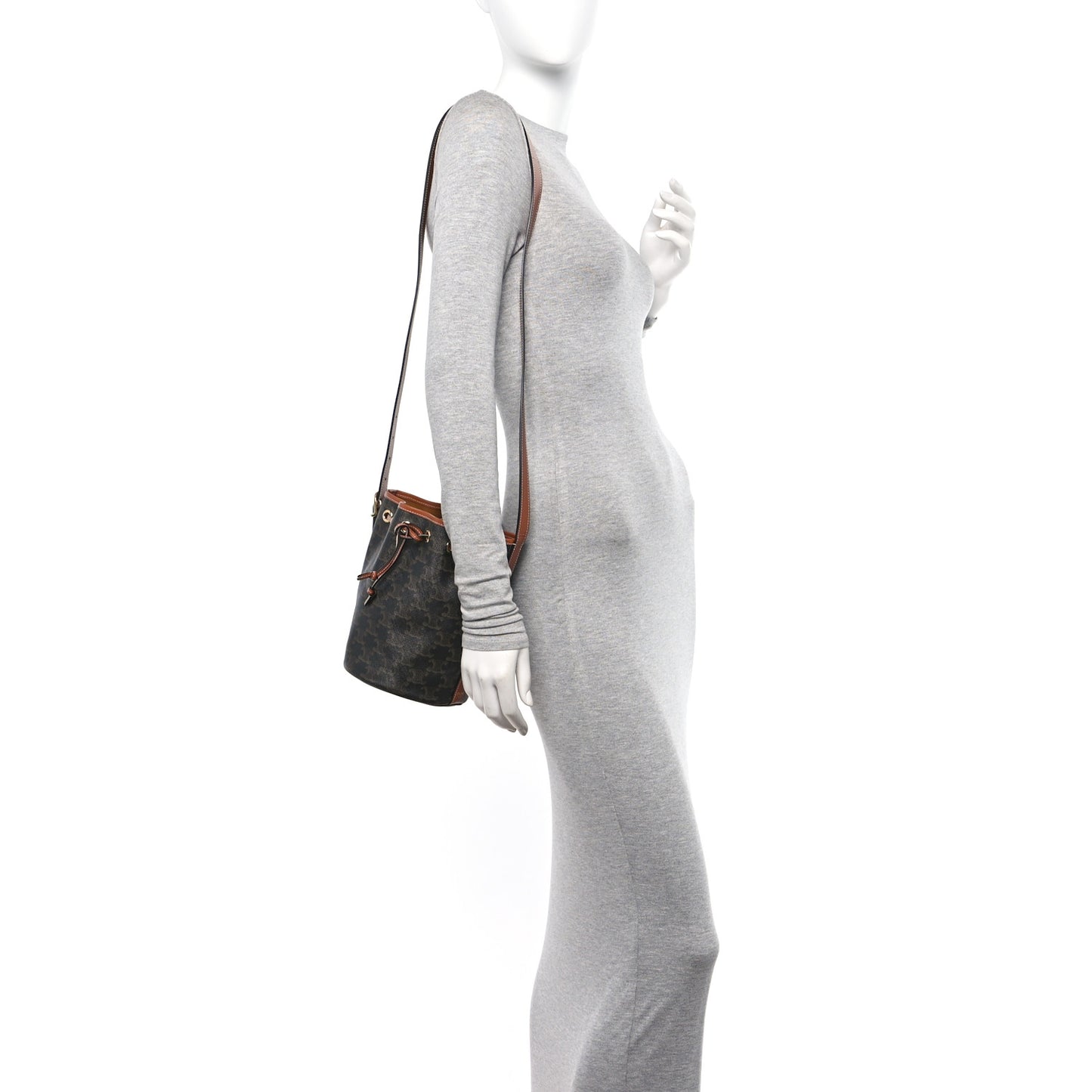Triomphe Canvas Calfskin Small Drawstring Bucket Bag Tan