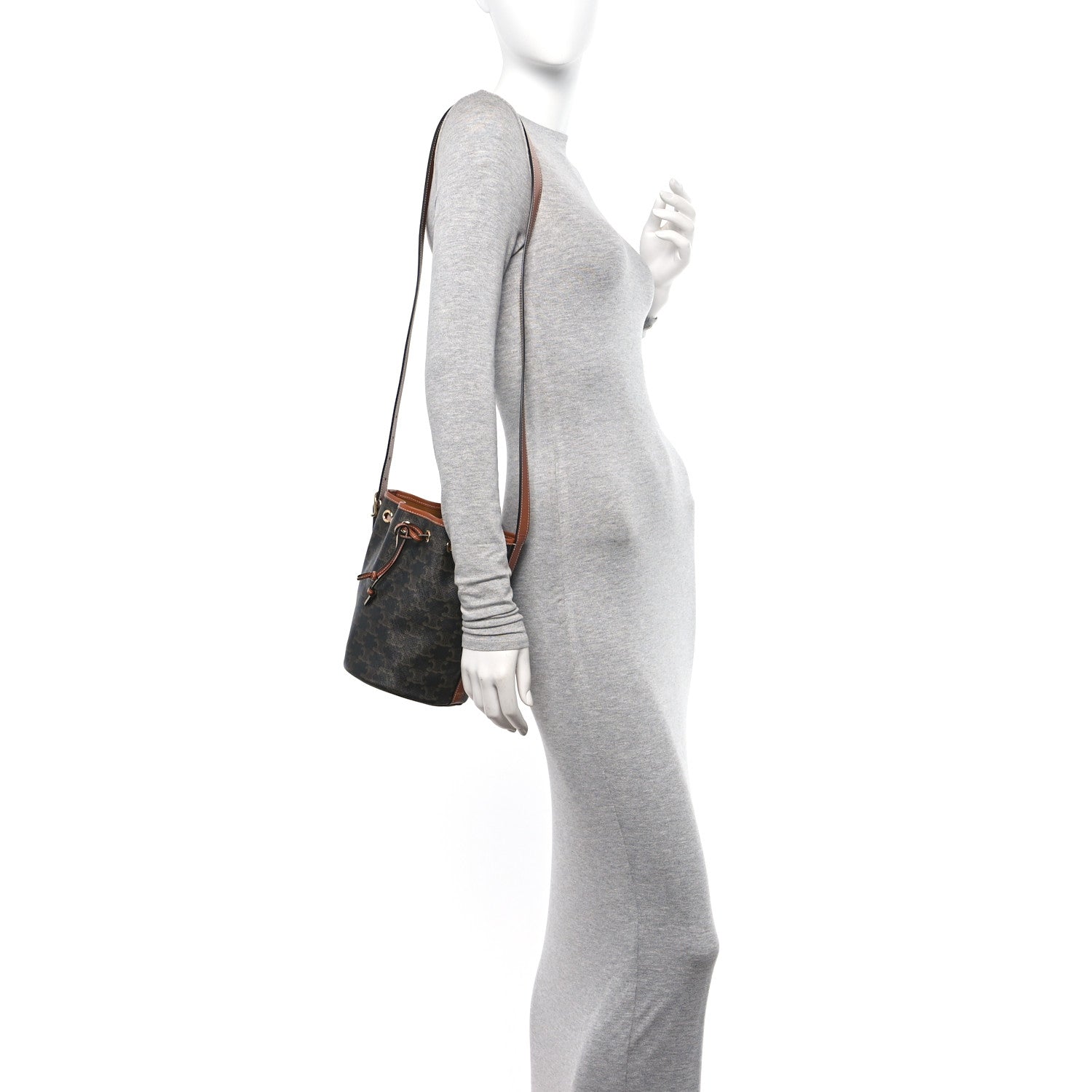 Celine Triomphe Canvas Calfskin Small Drawstring Bucket Bag Tan 2 of 11
