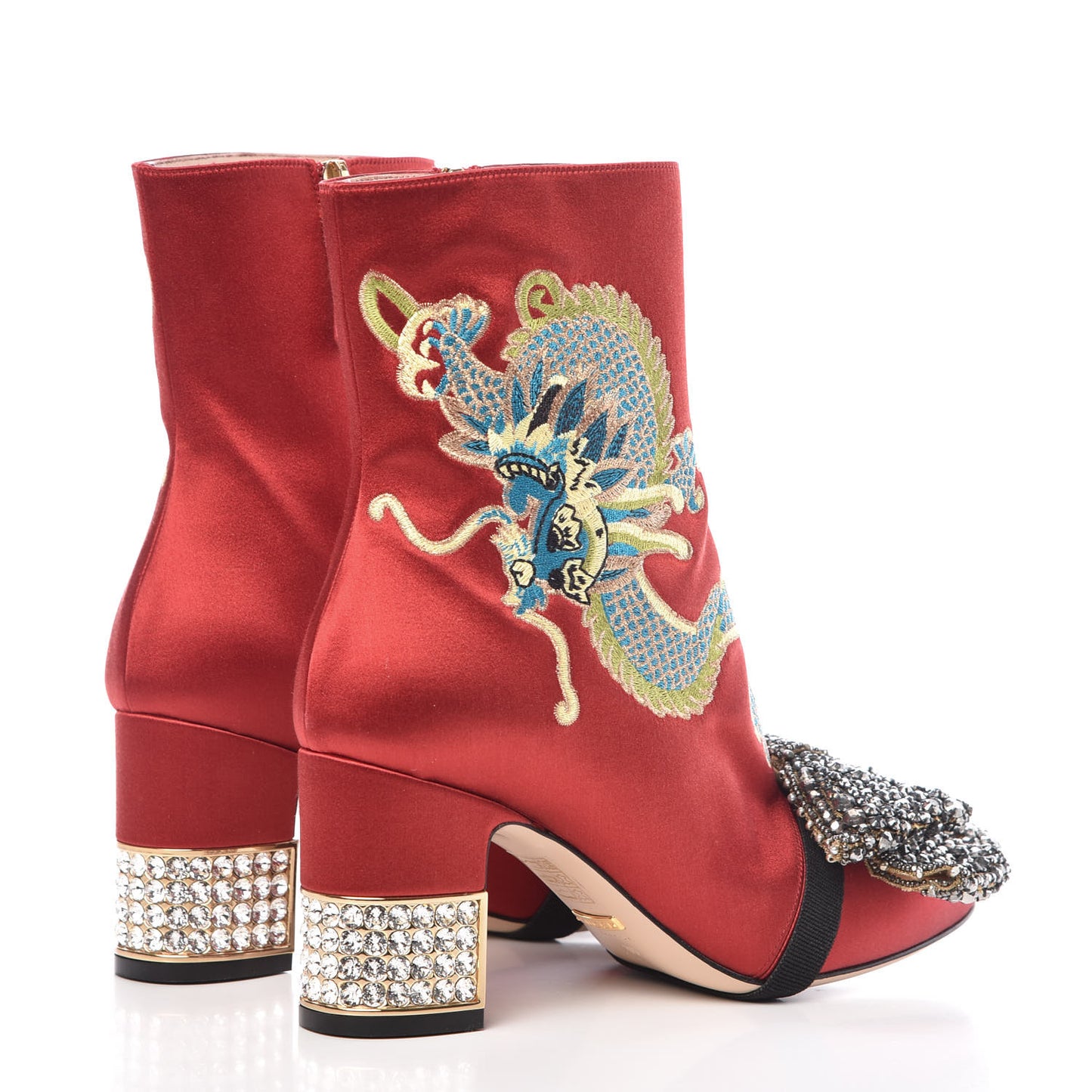 Silk Satin Malaga Kid Embroidered Candy Dragon Block-Heel Ankle Boot 36 Red