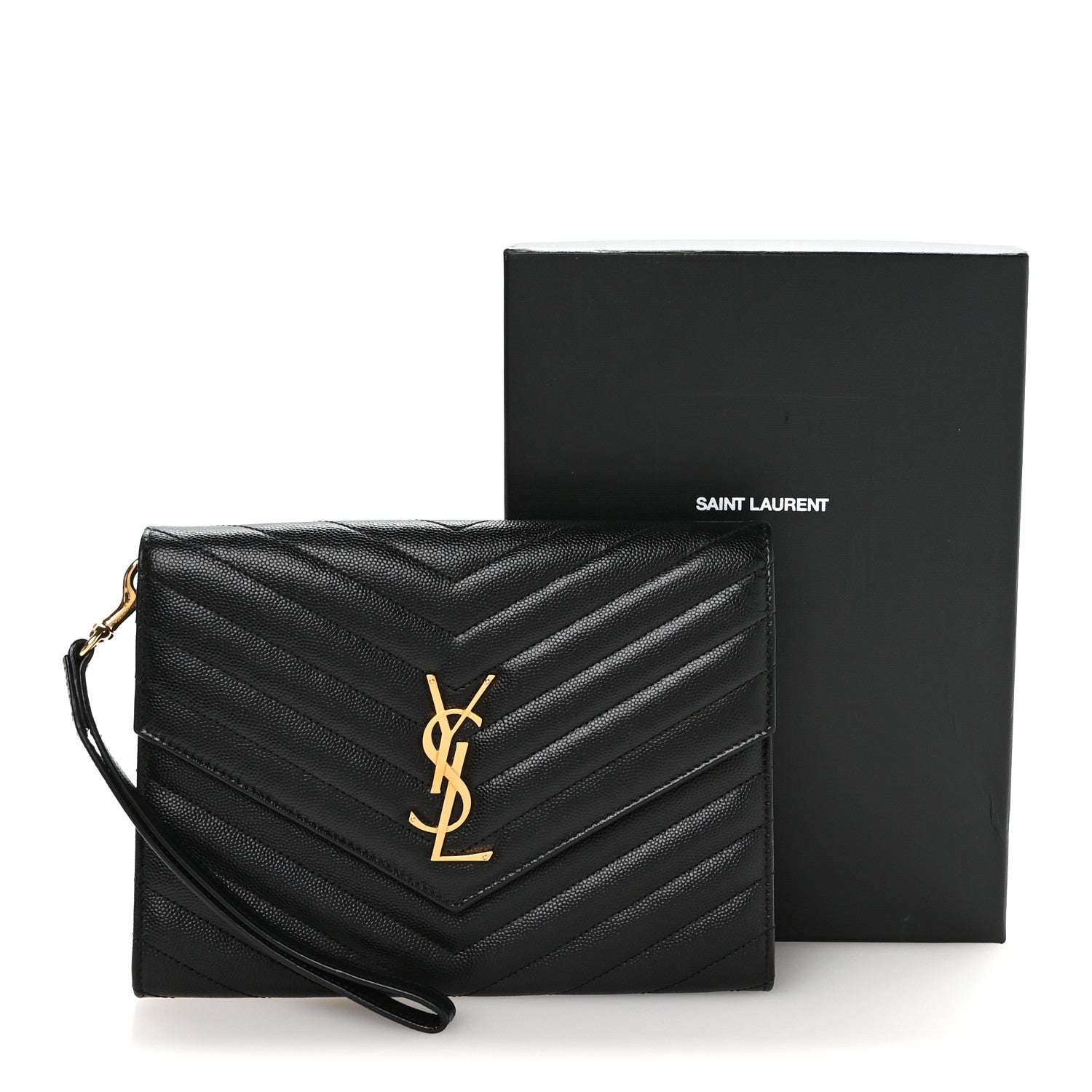 Saint Laurent Grain De Poudre Matelasse Chevron Monogram Envelope Clutch Black 8 of 8