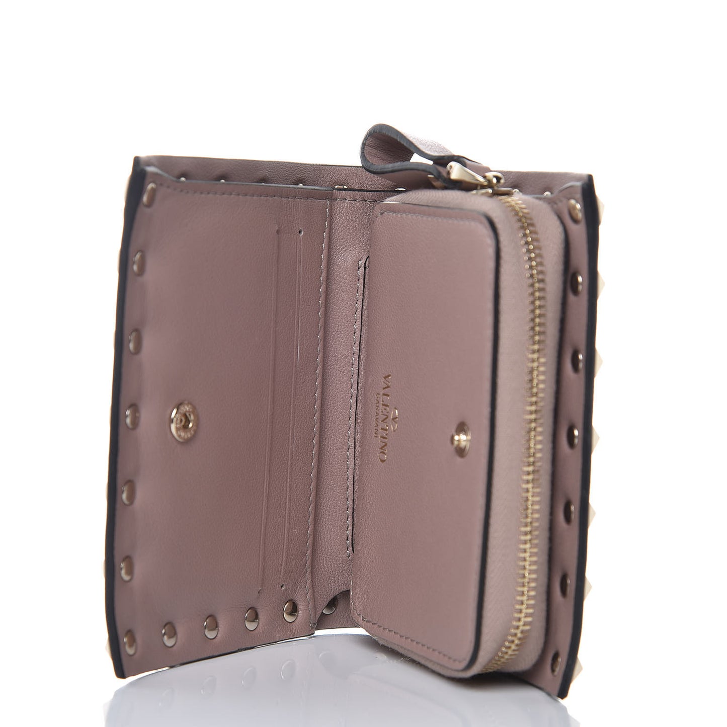 Calfskin Rockstud Compact Bi-Fold Wallet Poudre