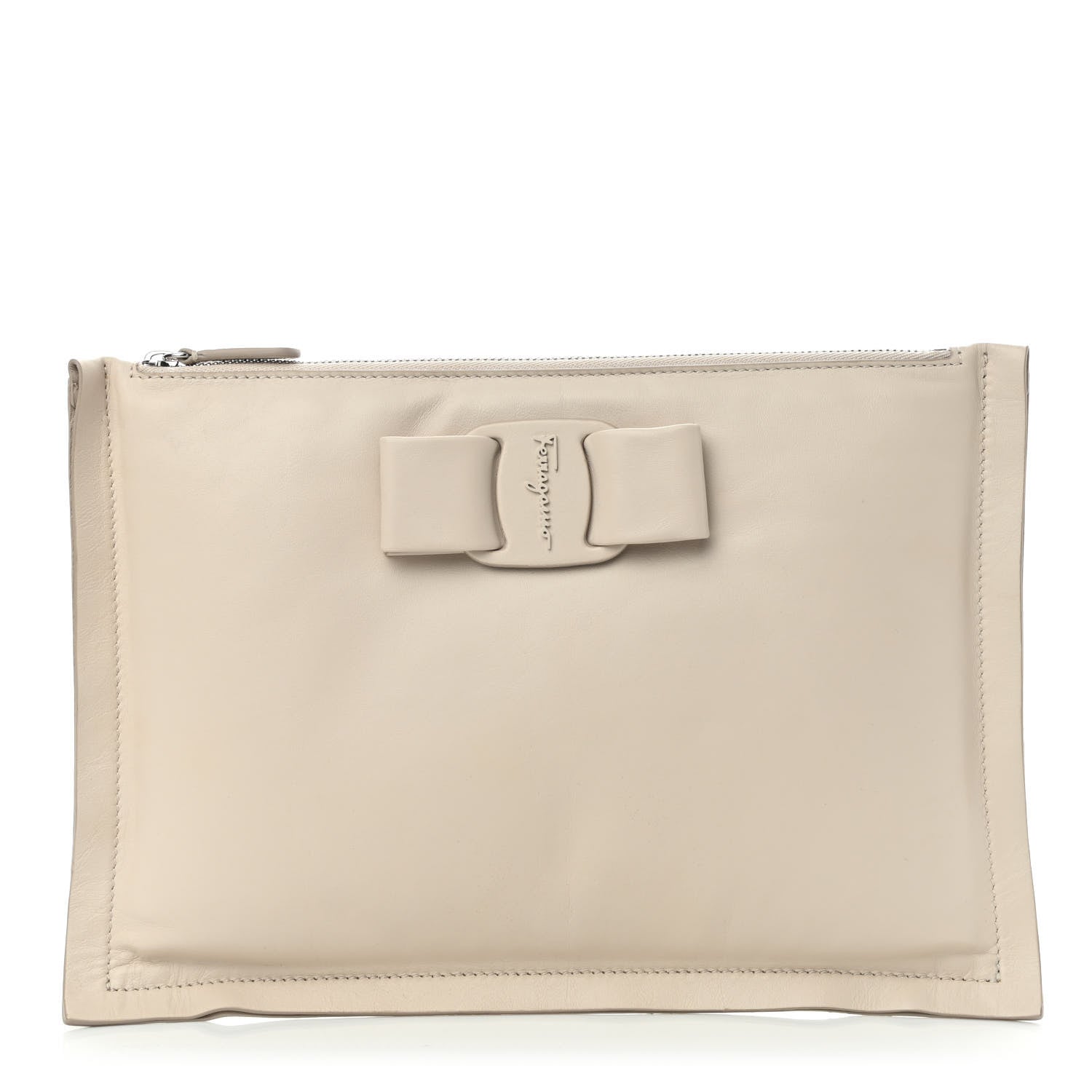 Salvatore Ferragamo Calfskin Small Viva Bow Clutch Bone 1 of 5