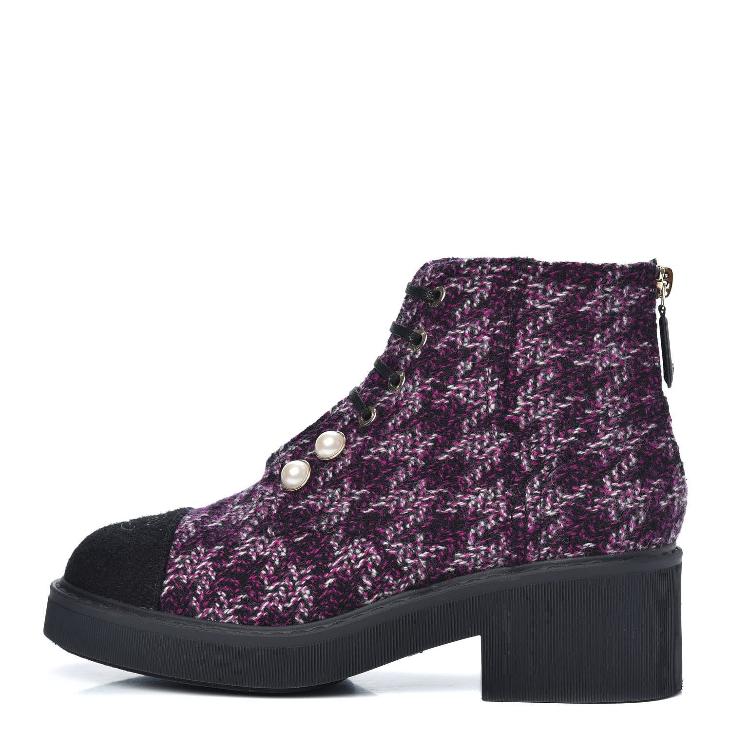 Chanel Tweed Pearl Combat Short Boots 37 Purple Black 1 of 8