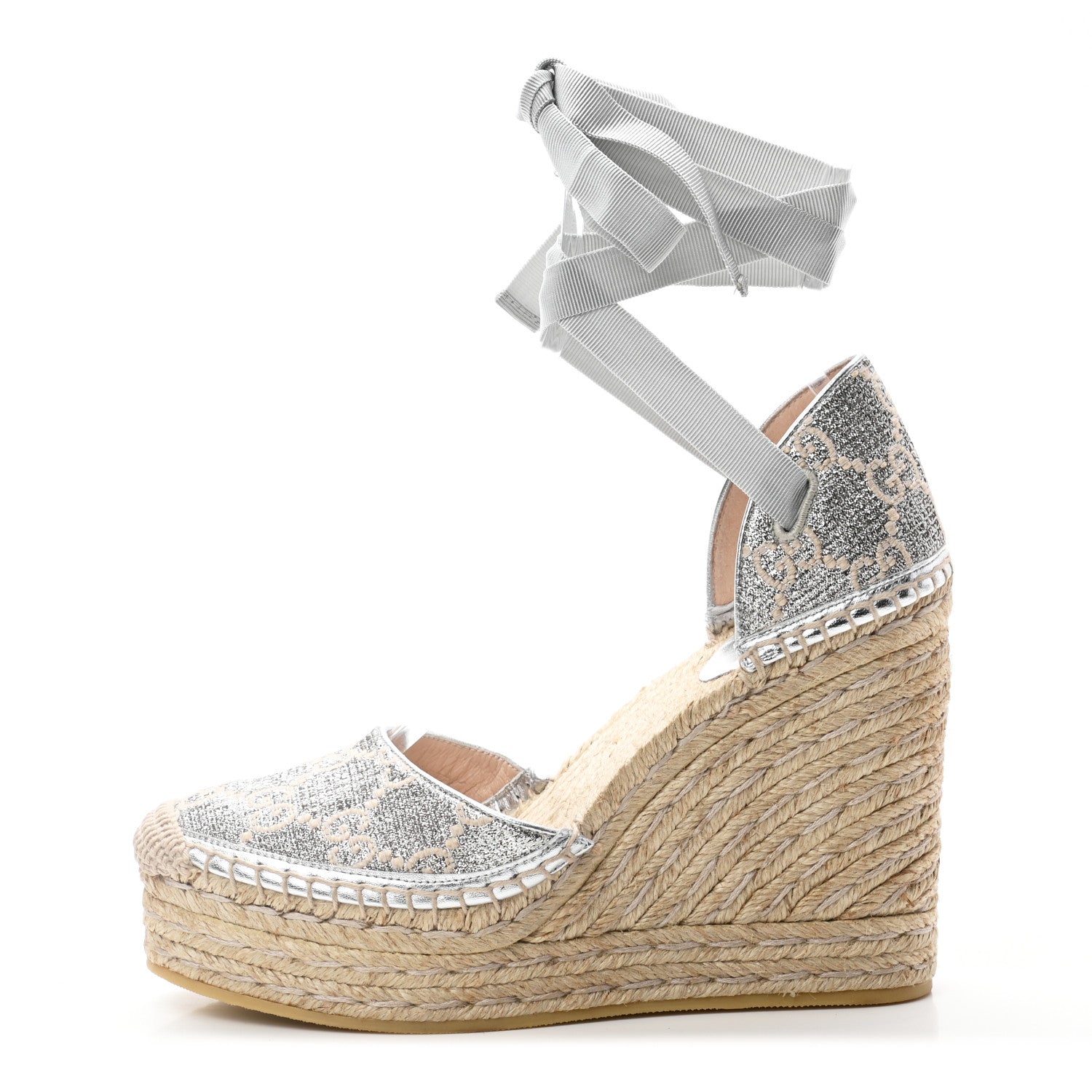 Gucci Lame GG Monogram Ankle Wrap Platform Espadrille Wedges 37 Silver Beige Light Grey 1 of 10