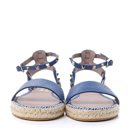 Valentino Garavani Grained Calfskin Rockstud Ankle Strap Espadrille Flat Sandals 37 Baltique 2 of 8