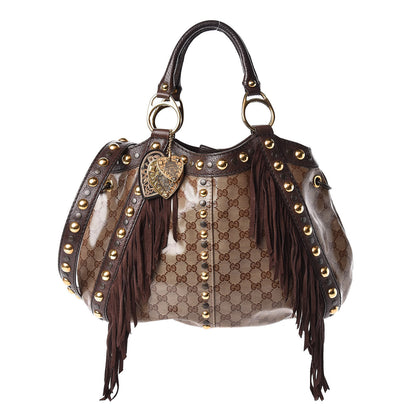 Gucci Crystal Monogram Fringe Babouska Satchel Brown 1 of 11