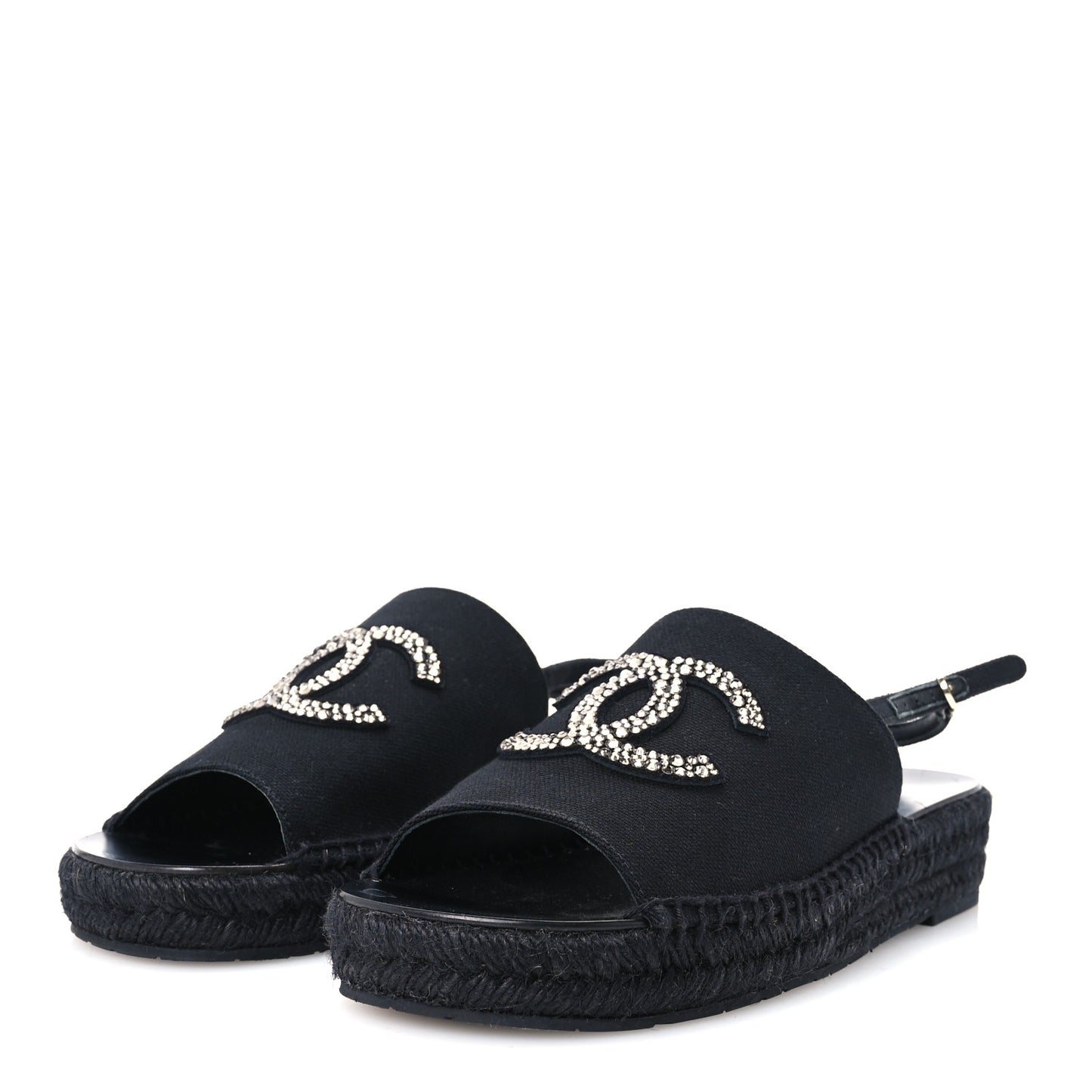 Canvas Strass CC Espadrille Slingback Sandals 38 Black
