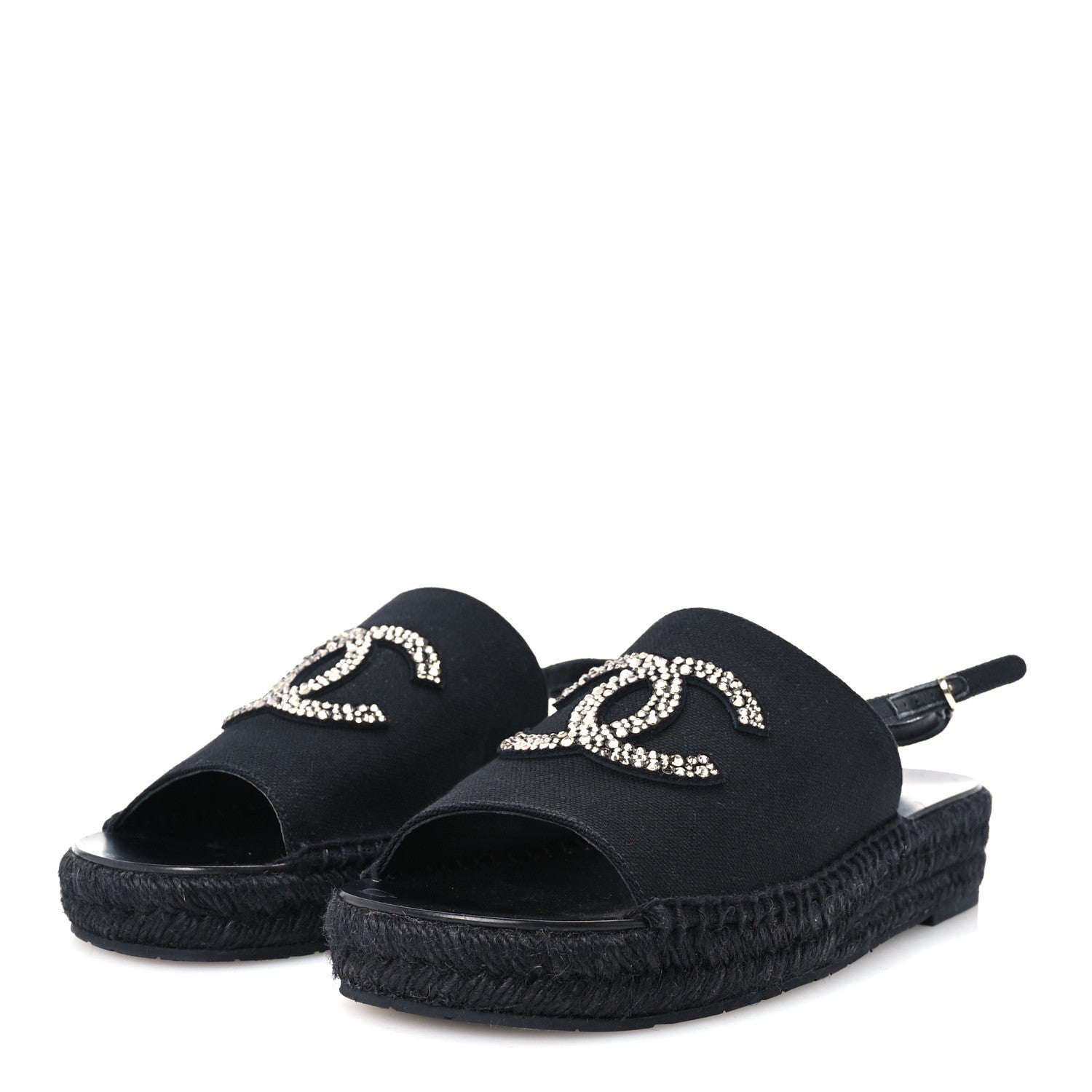 Chanel Canvas Strass CC Espadrille Slingback Sandals 38 Black 4 of 9