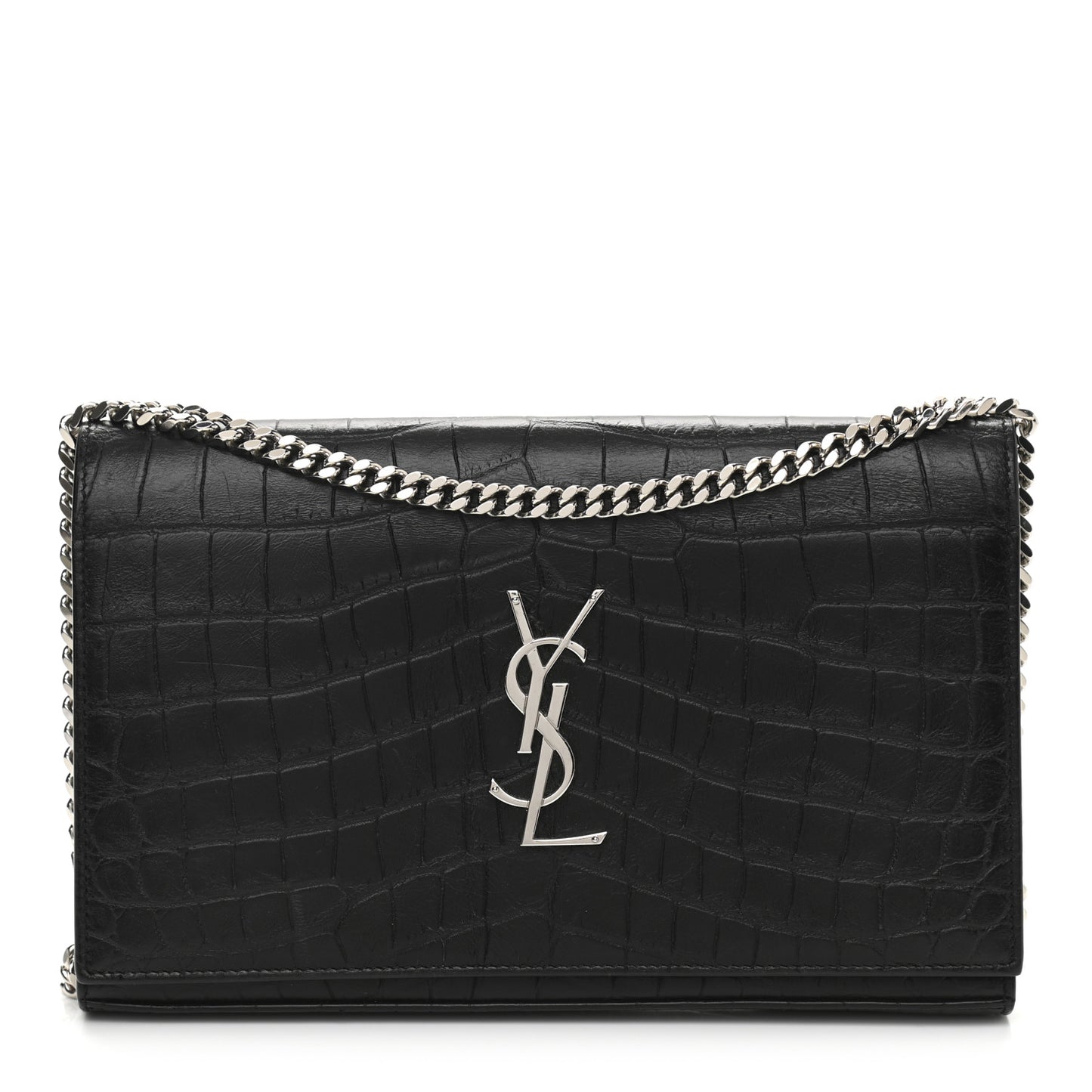 Calfskin Crocodile Embossed Monogram Chain Wallet Black