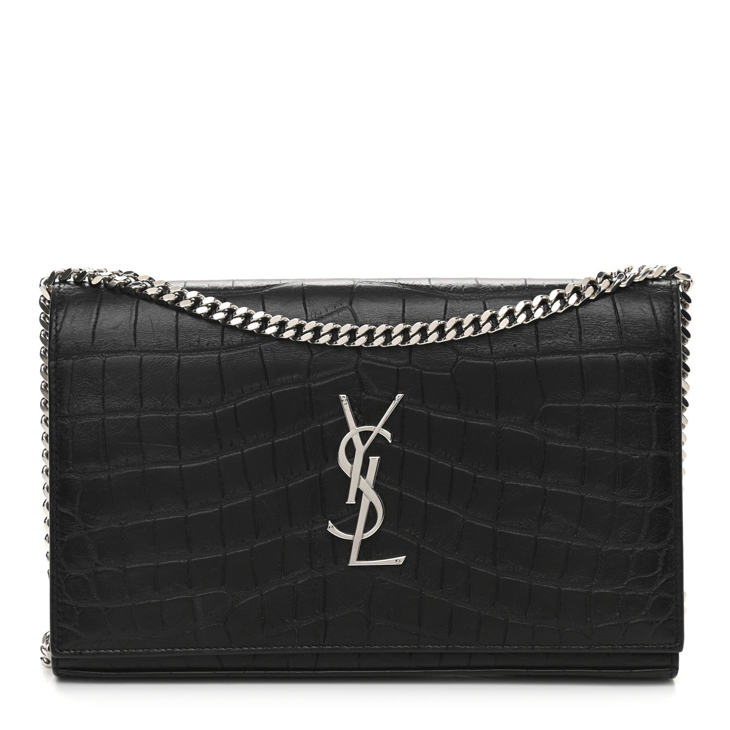 Saint Laurent Calfskin Crocodile Embossed Monogram Chain Wallet Black 1 of 9
