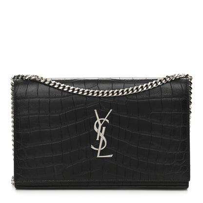 Saint Laurent Calfskin Crocodile Embossed Monogram Chain Wallet Black 1 of 9