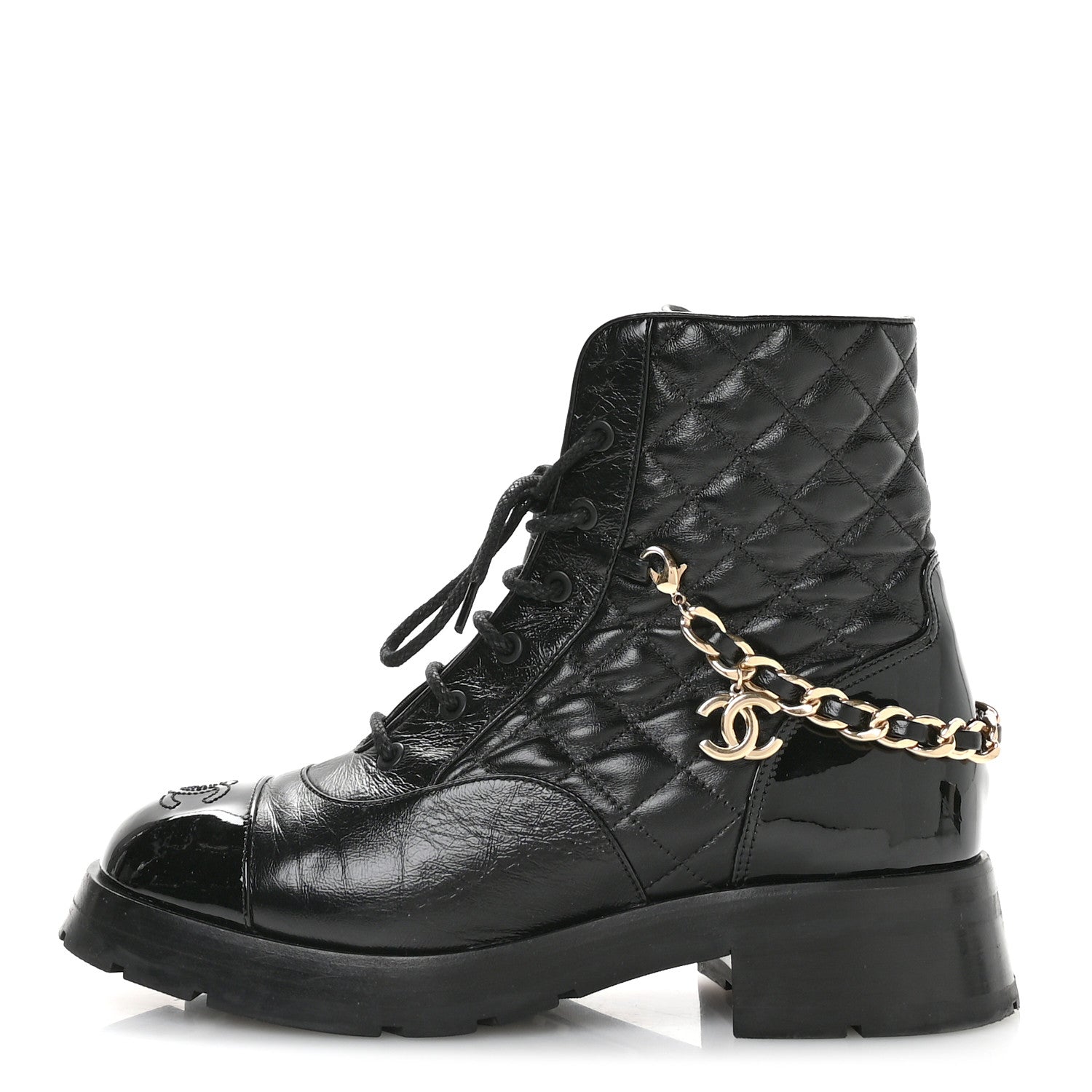 Chanel Shiny Calfskin Patent Quilted Chain Lace Up Combat Boots 40 Black 1 of 10