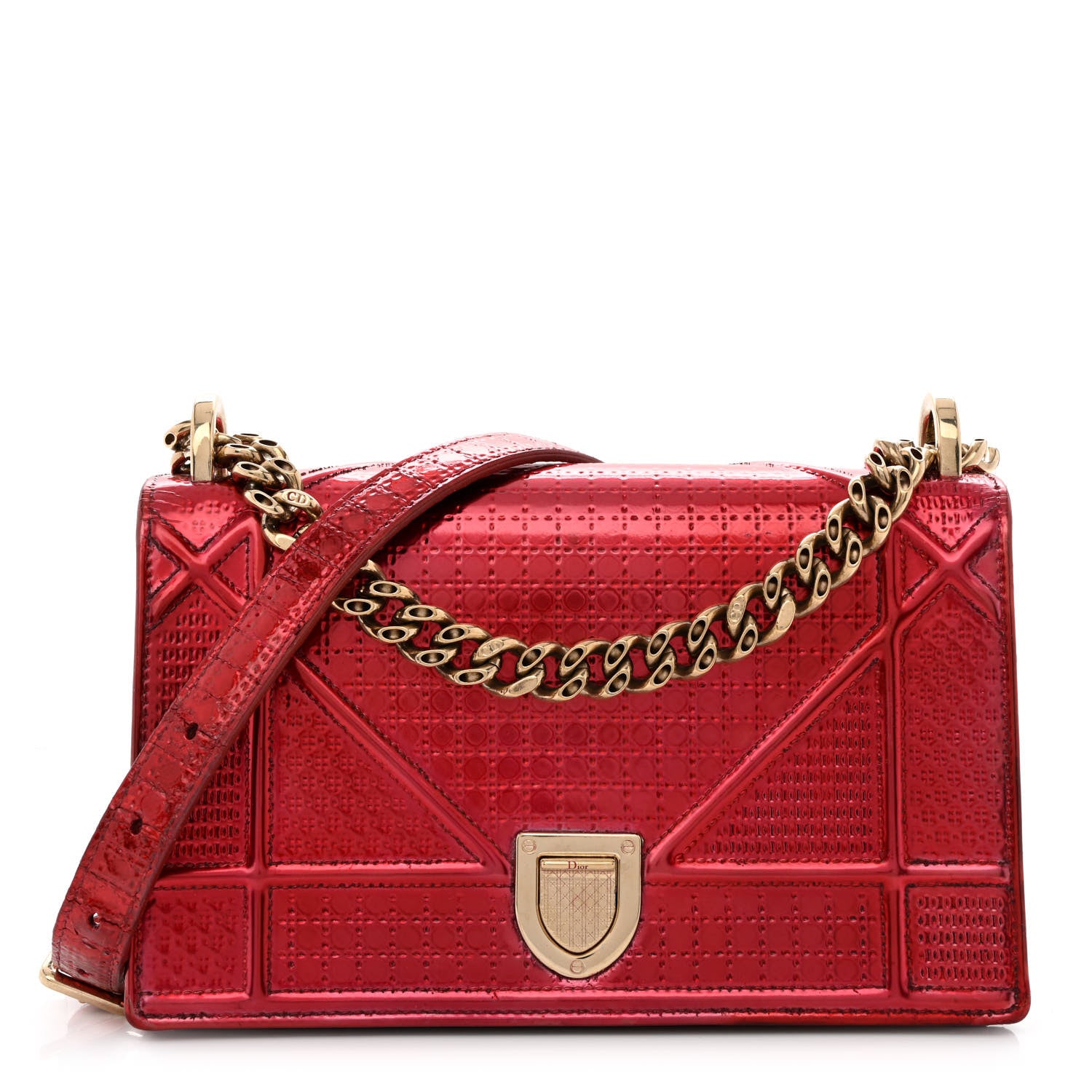 Christian Dior Metallic Patent Micro-Cannage Small Diorama Flap Bag Red 1 of 17