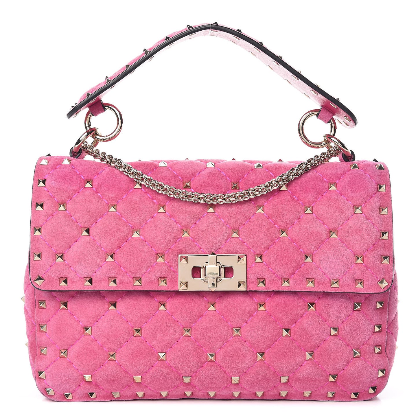 Suede Medium Rockstud Spike Shoulder Bag Bright Fuxia