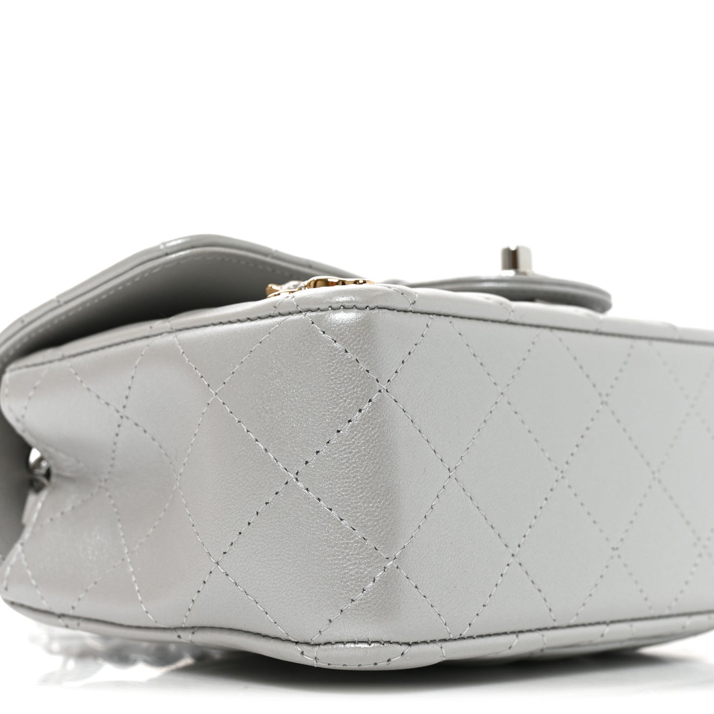 Metallic Lambskin Quilted Space Charms Mini Rectangular Flap Silver
