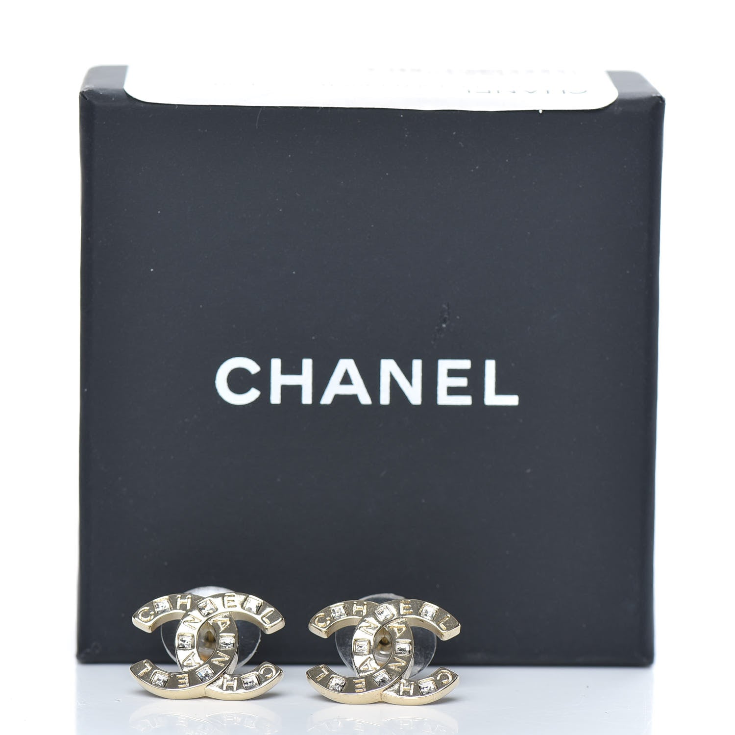 Chanel Crystal Metal CC Paris Button Stud Earrings Gold 5 of 5