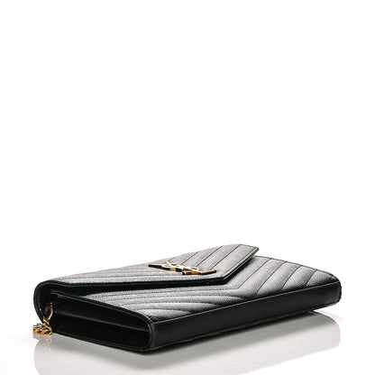 Saint Laurent Grain De Poudre Matelasse Chevron Monogram Chain Wallet Black 4 of 6
