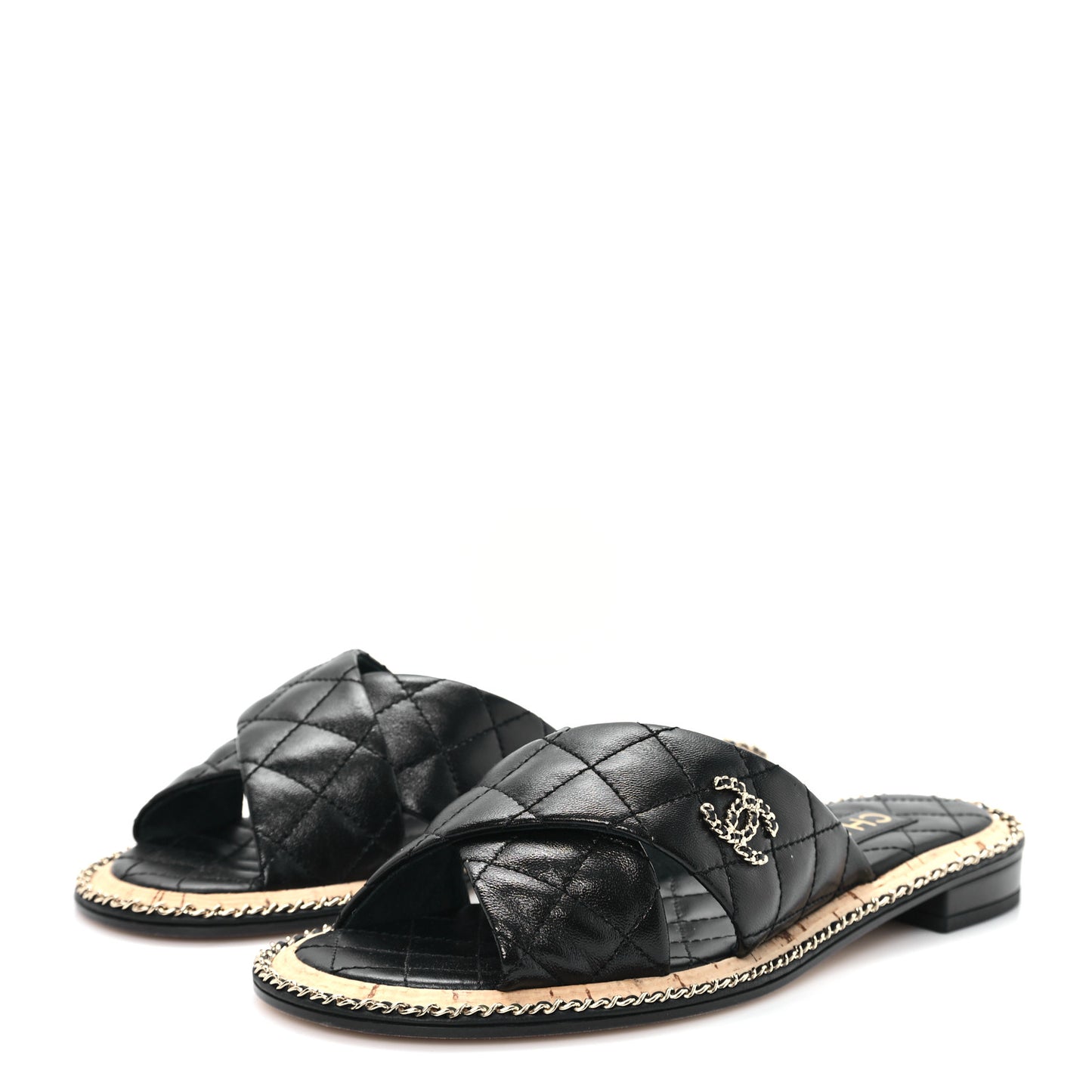 Lambskin Quilted Chain CC Sandals 38 Black