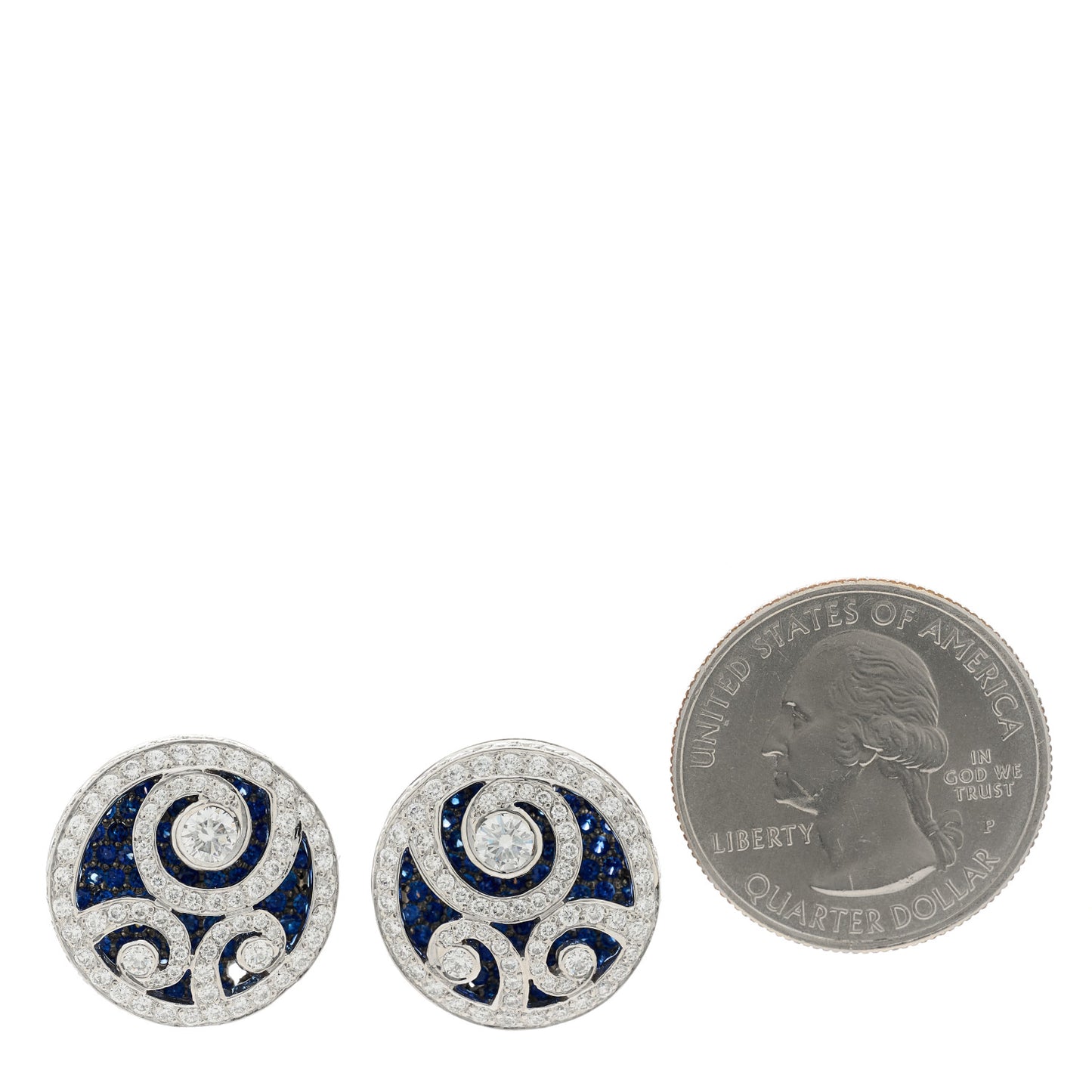 18K White Gold Diamond Sapphire Swirl Earrings