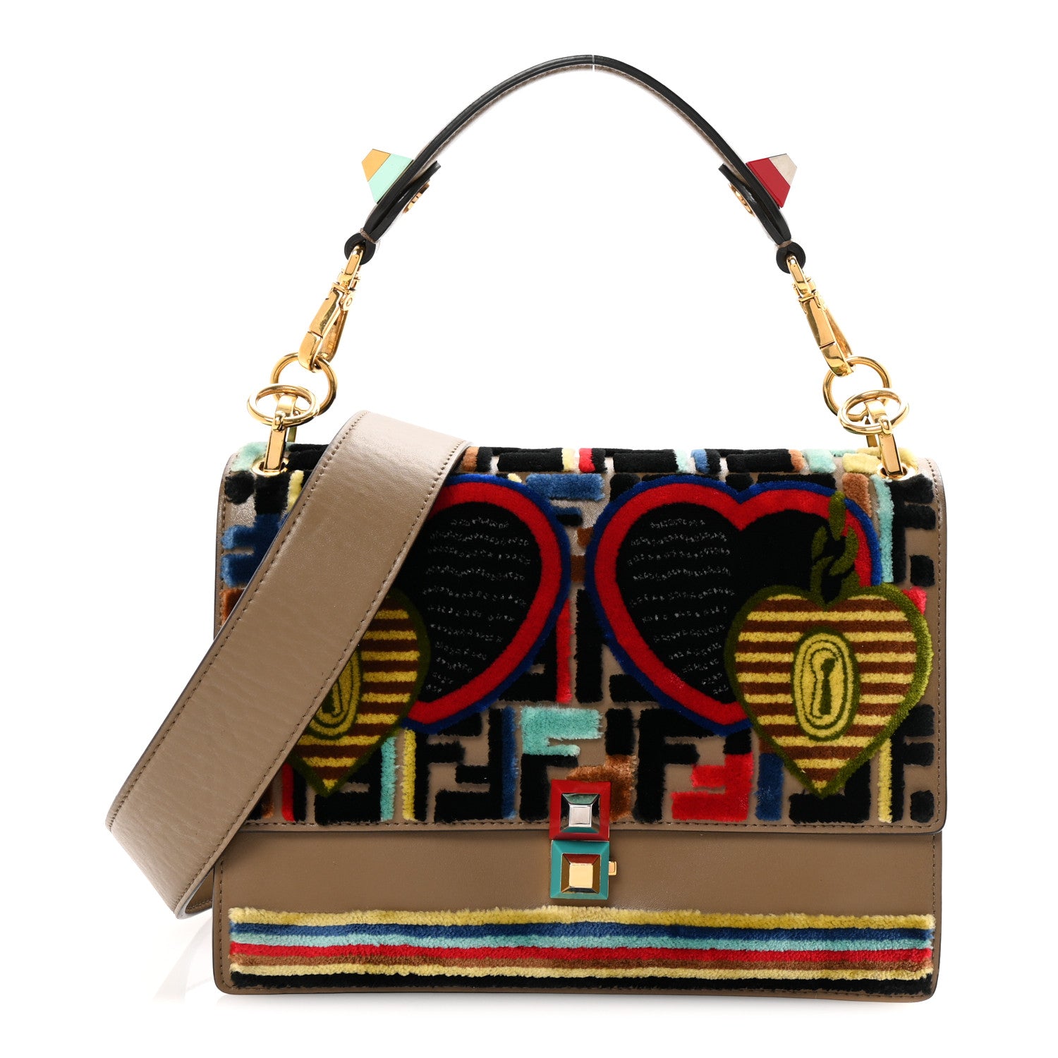 Fendi Vitello Liberty Velvet FF 1974 Hearts Padlock Embroidered