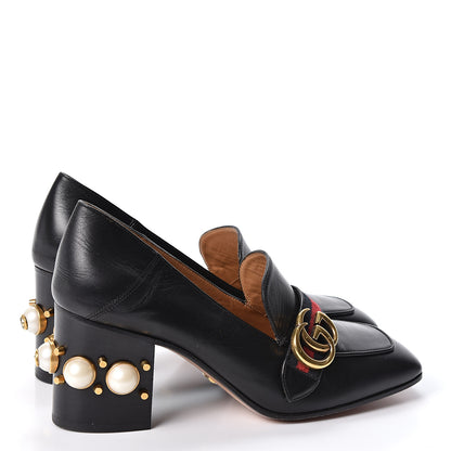Gucci Malaga Kid Web Pearl Embellished Peyton 75mm Loafer Pumps 38 Black 4 of 9