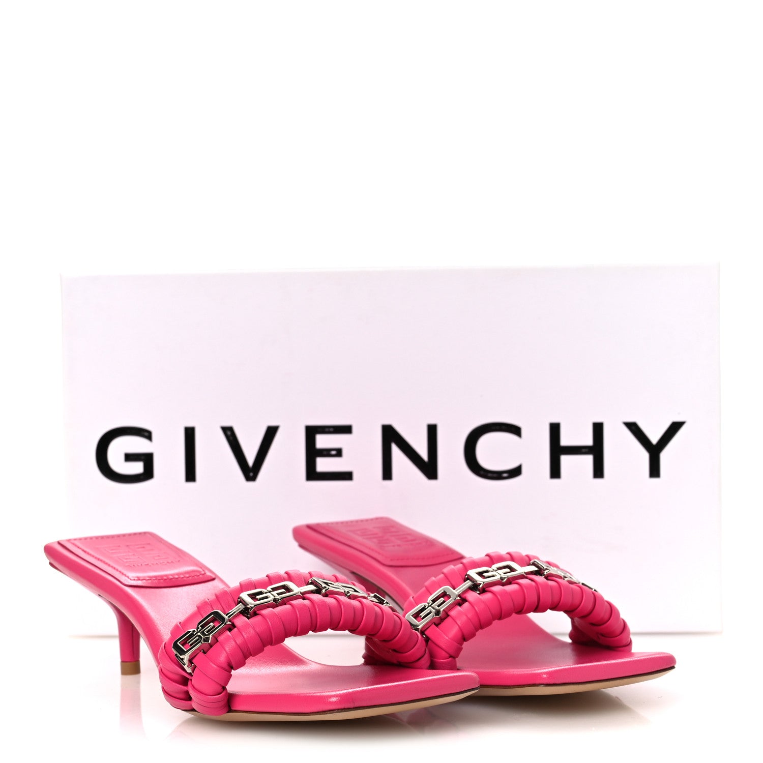 Givenchy Lambskin G Woven 50mm Kitten Heel Mule Sandals 37.5 Neon Pink 10 of 10
