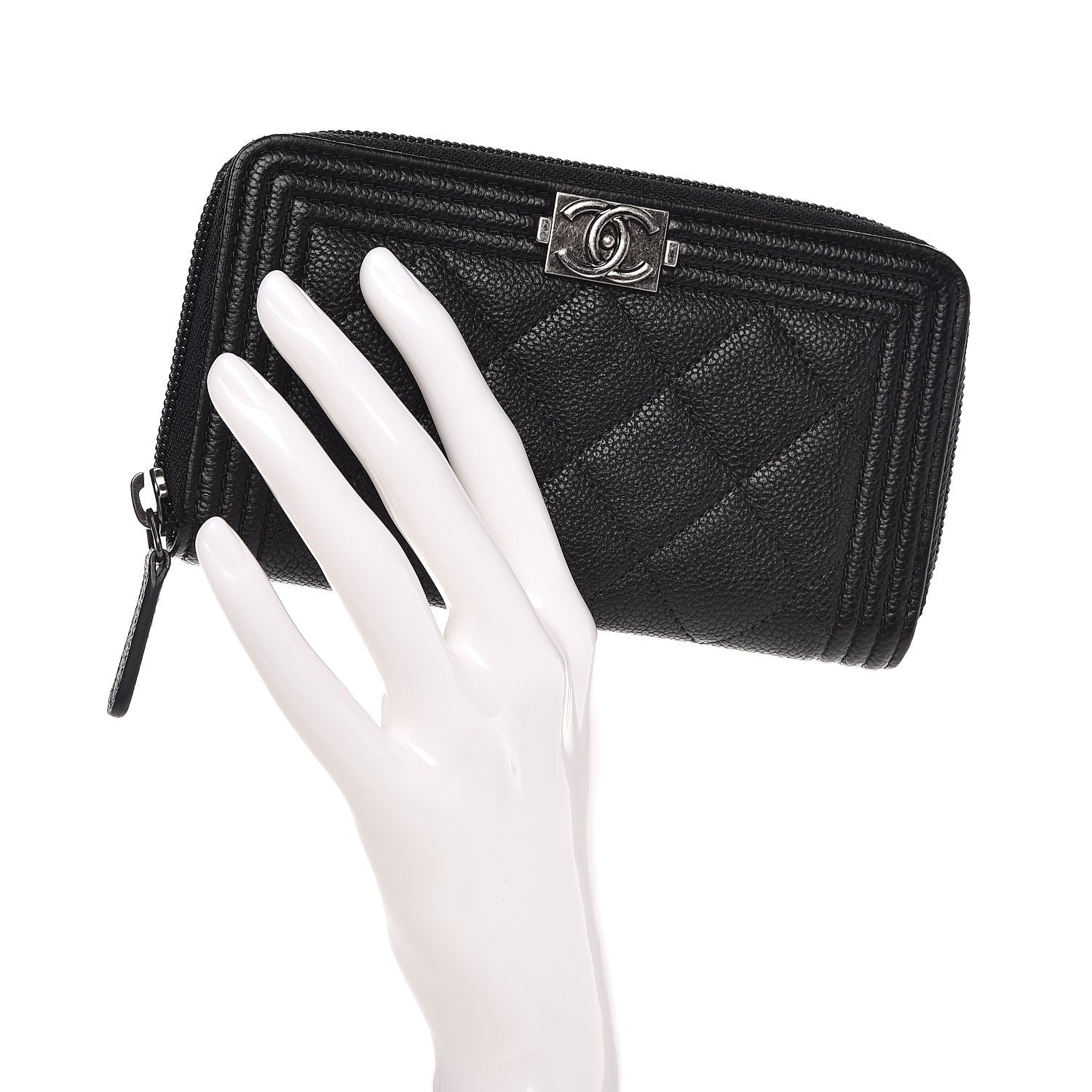 Chanel Caviar Quilted Boy Small Zip Around Wallet Black 2 of 9