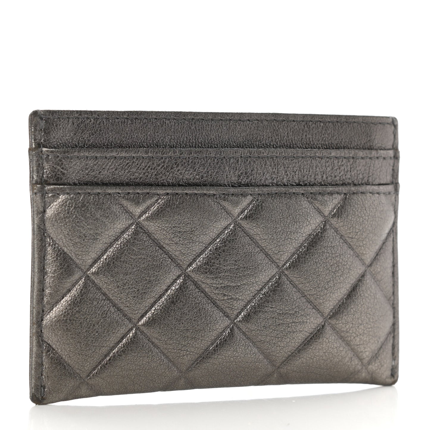 Metallic Calfskin Quilted Diamond CC Card Holder Pewter