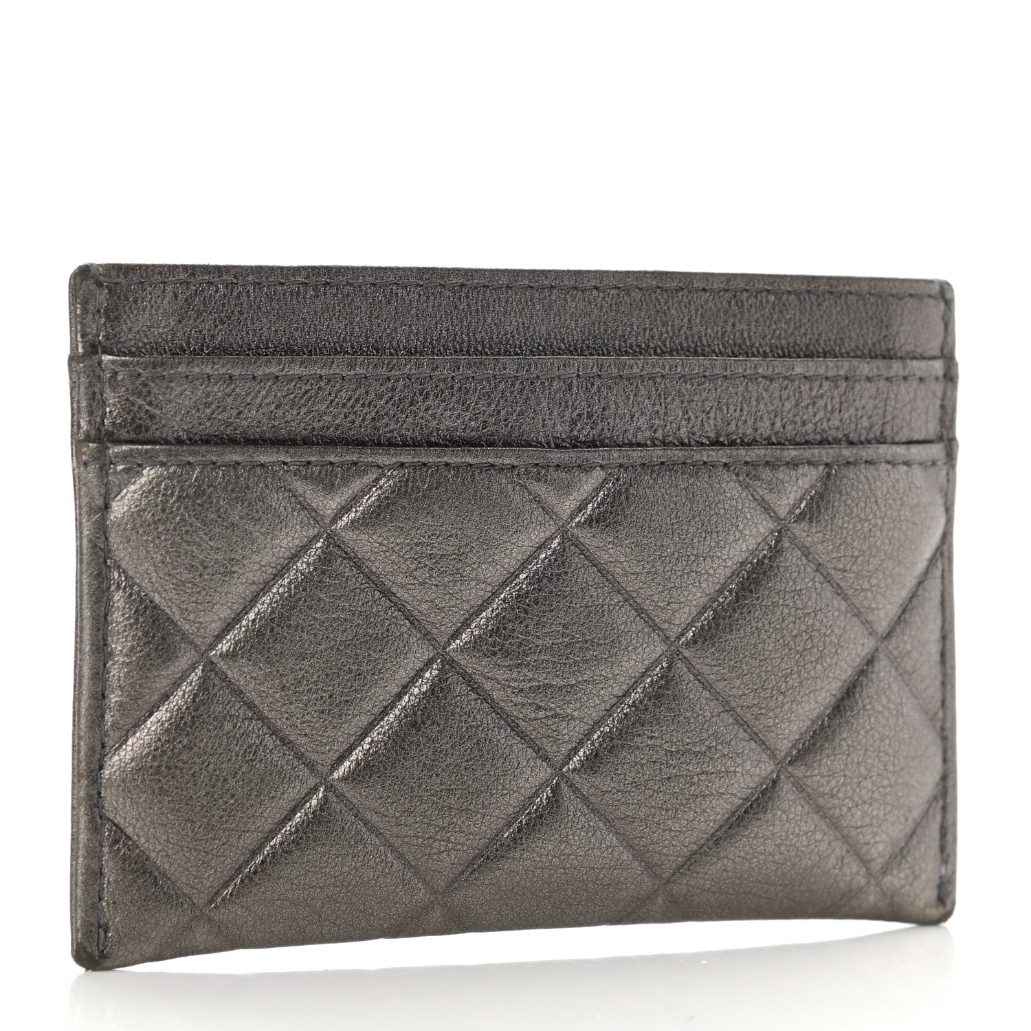 Chanel Metallic Calfskin Quilted Diamond CC Card Holder Pewter 3 of 9