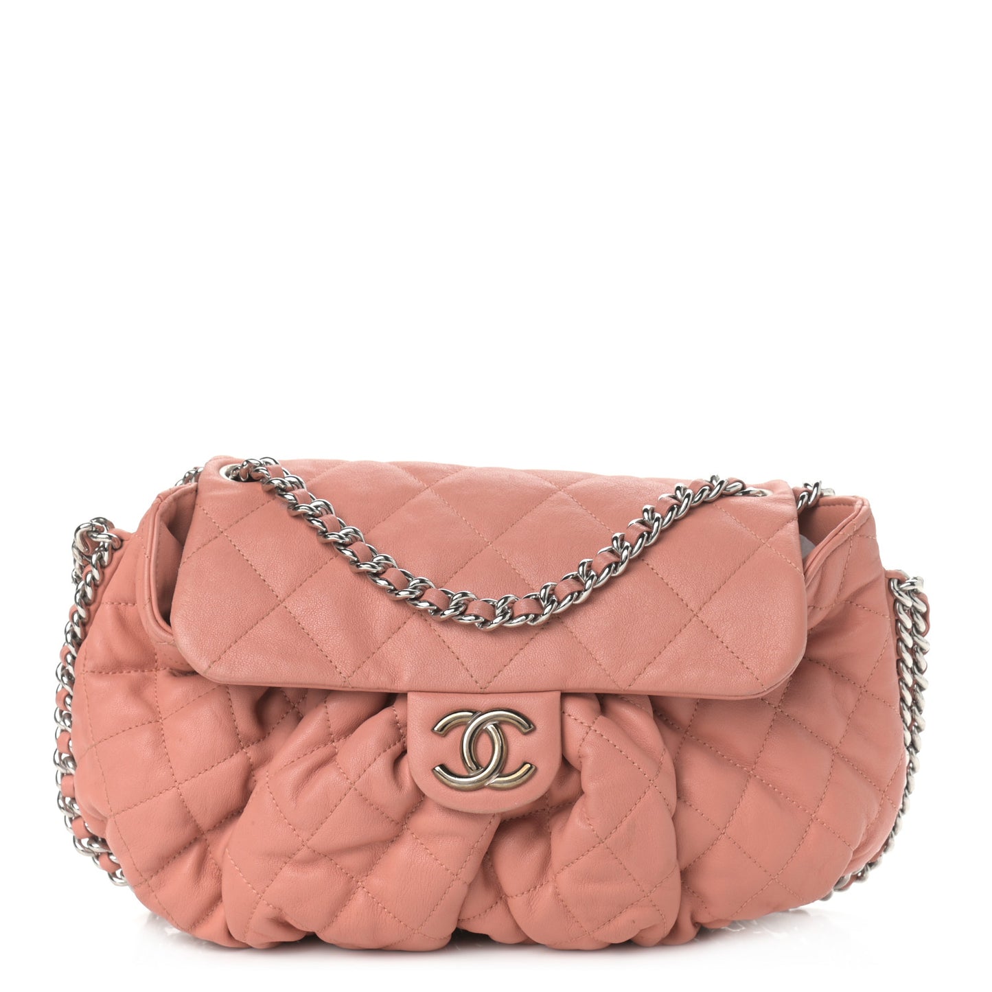 Washed Lambskin Quilted Medium Chain Around Messenger Salmon