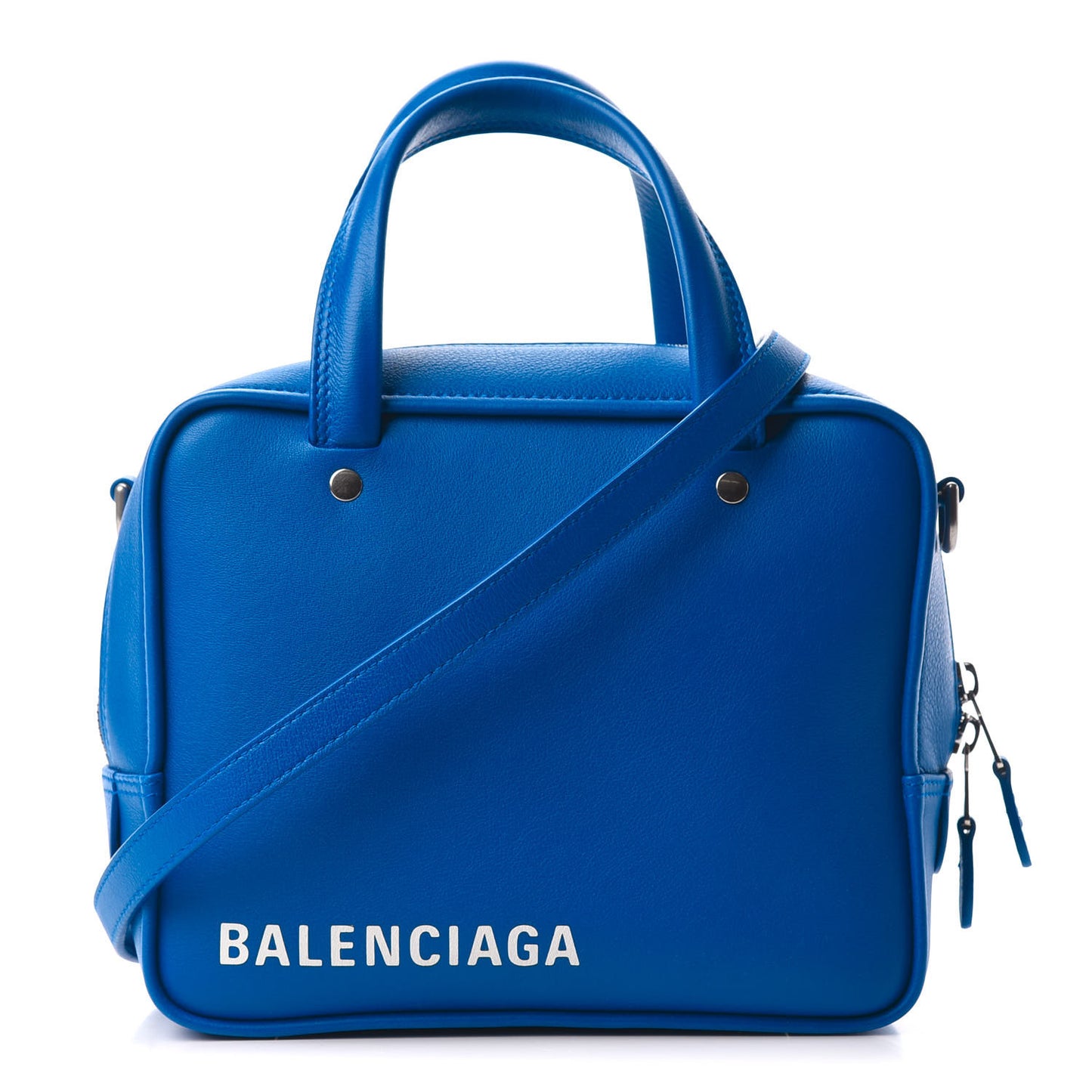 Shiny Day Calfskin Logo XS Triangle Square Bag Bleu Roi White
