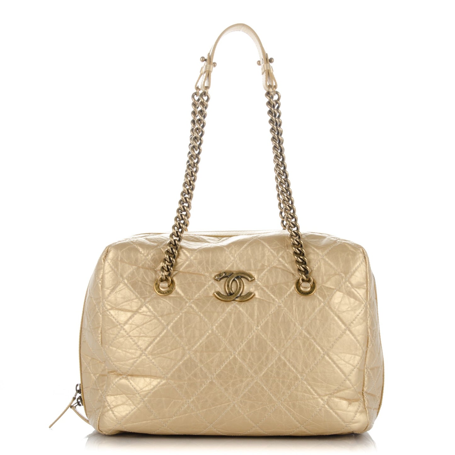 Metallic Aged Calfskin Quilted Large Secret Tag Bowling Bag Gold