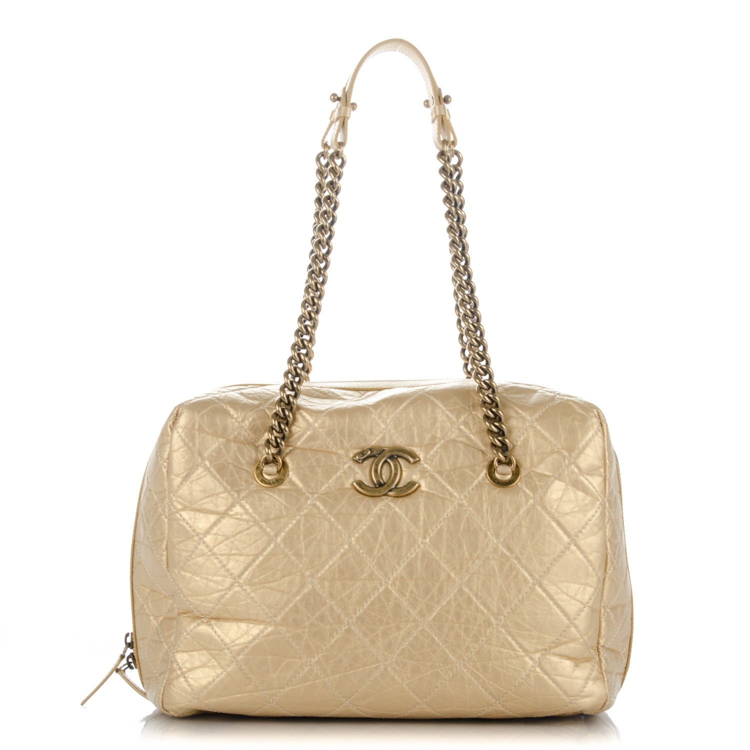 Chanel Metallic Aged Calfskin Quilted Large Secret Tag Bowling Bag Gold 1 of 8