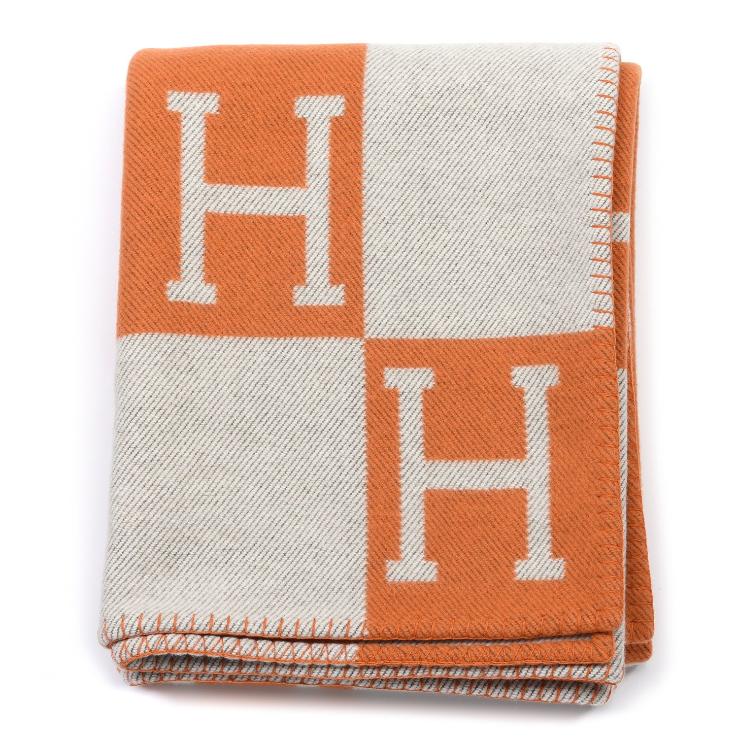 Hermes Wool Cashmere Signature Classic Avalon Blanket Ecru Potiron 1 of 3