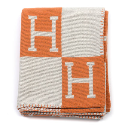 Hermes Wool Cashmere Signature Classic Avalon Blanket Ecru Potiron 1 of 3