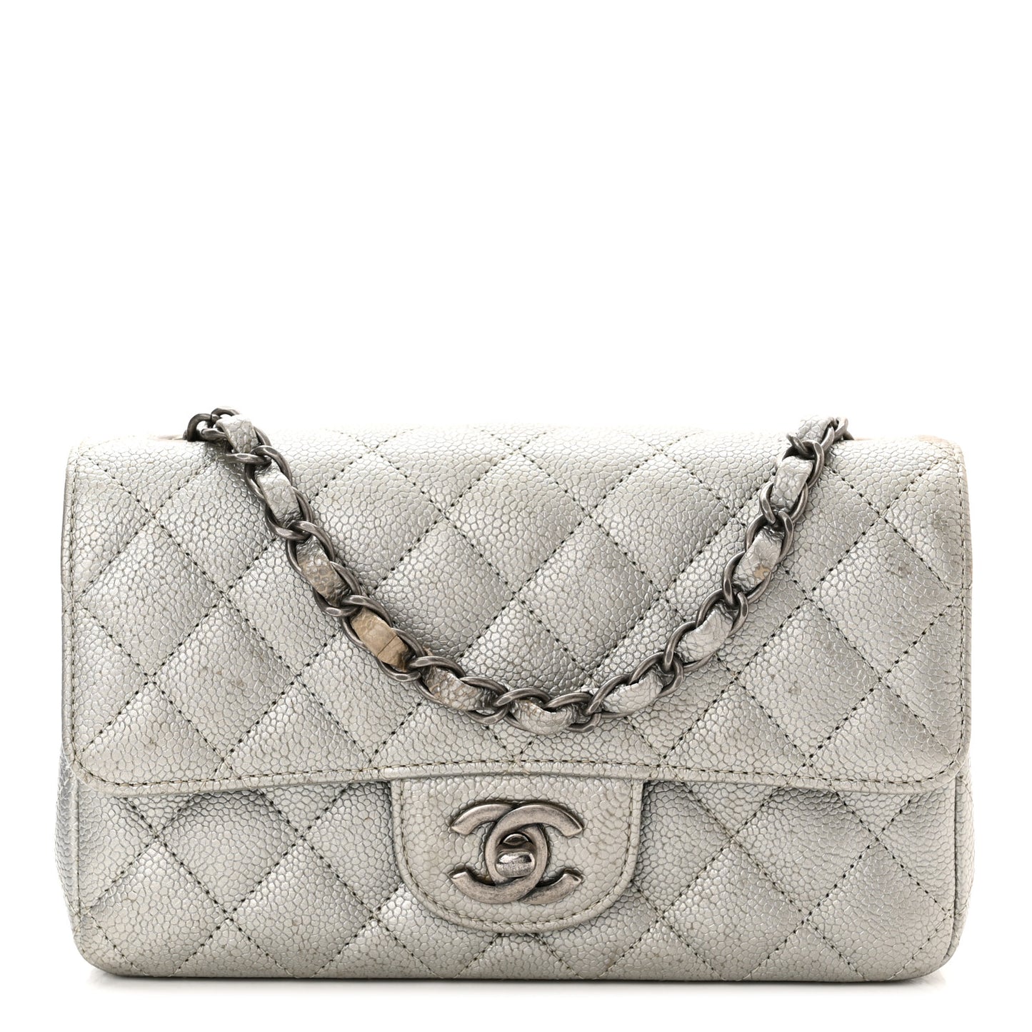 Metallic Caviar Quilted Mini Rectangular Flap Silver