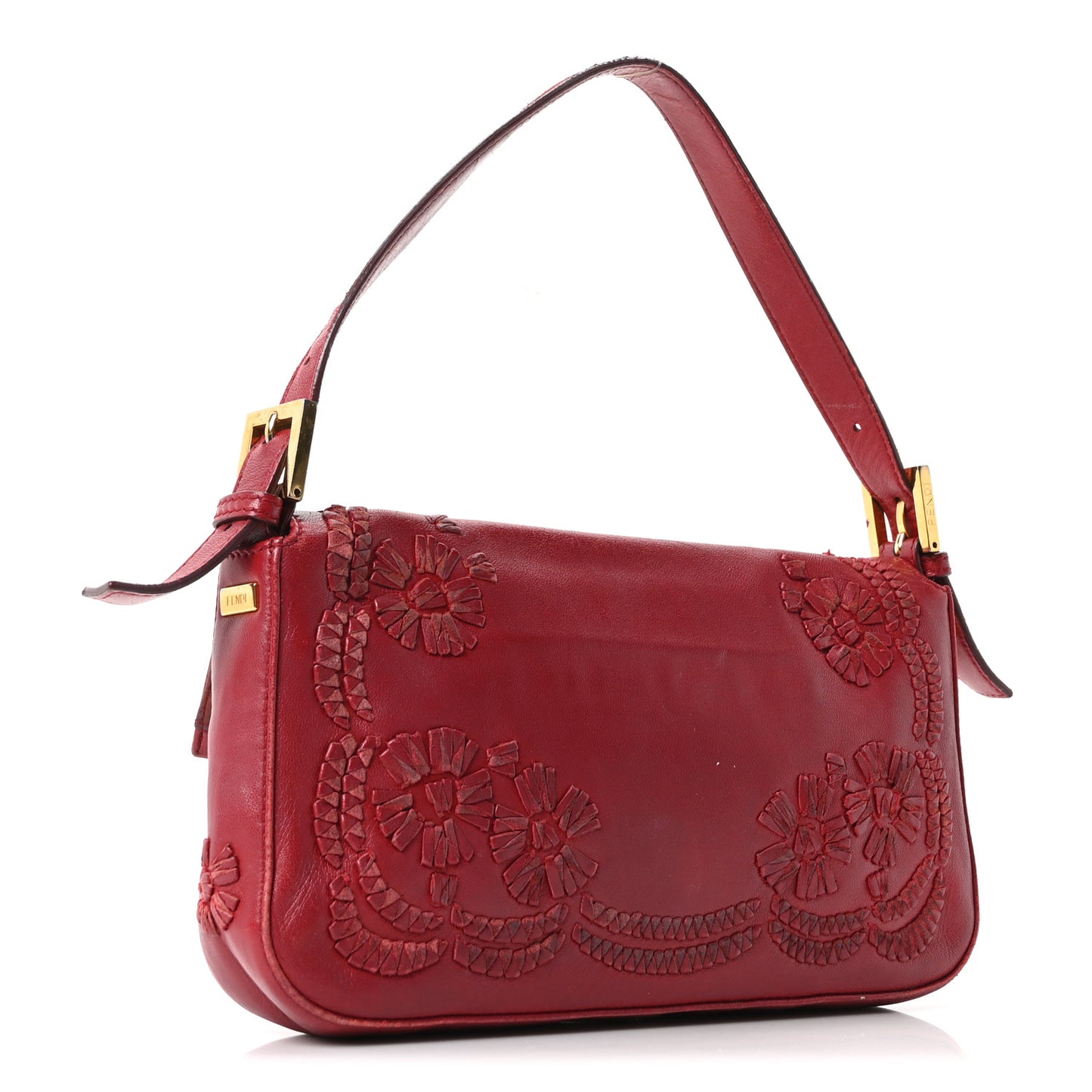 Calfskin Floral Stitched Baguette Red