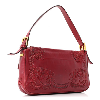 Fendi Calfskin Floral Stitched Baguette Red 3 of 9