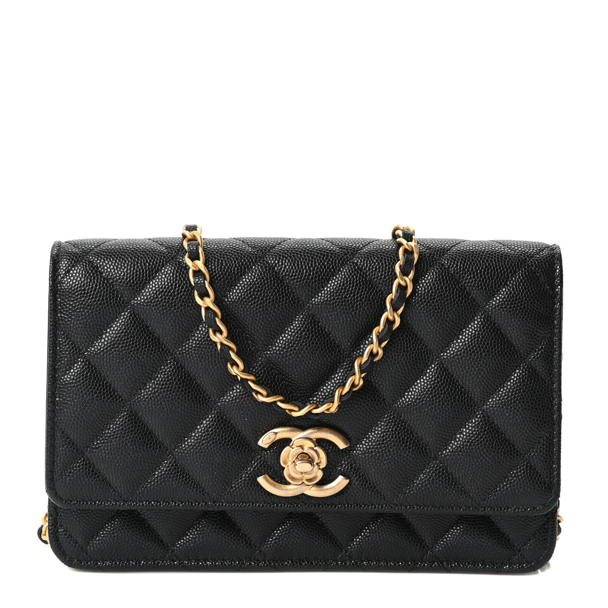 Caviar Quilted Camellia Wallet On Chain WOC Black