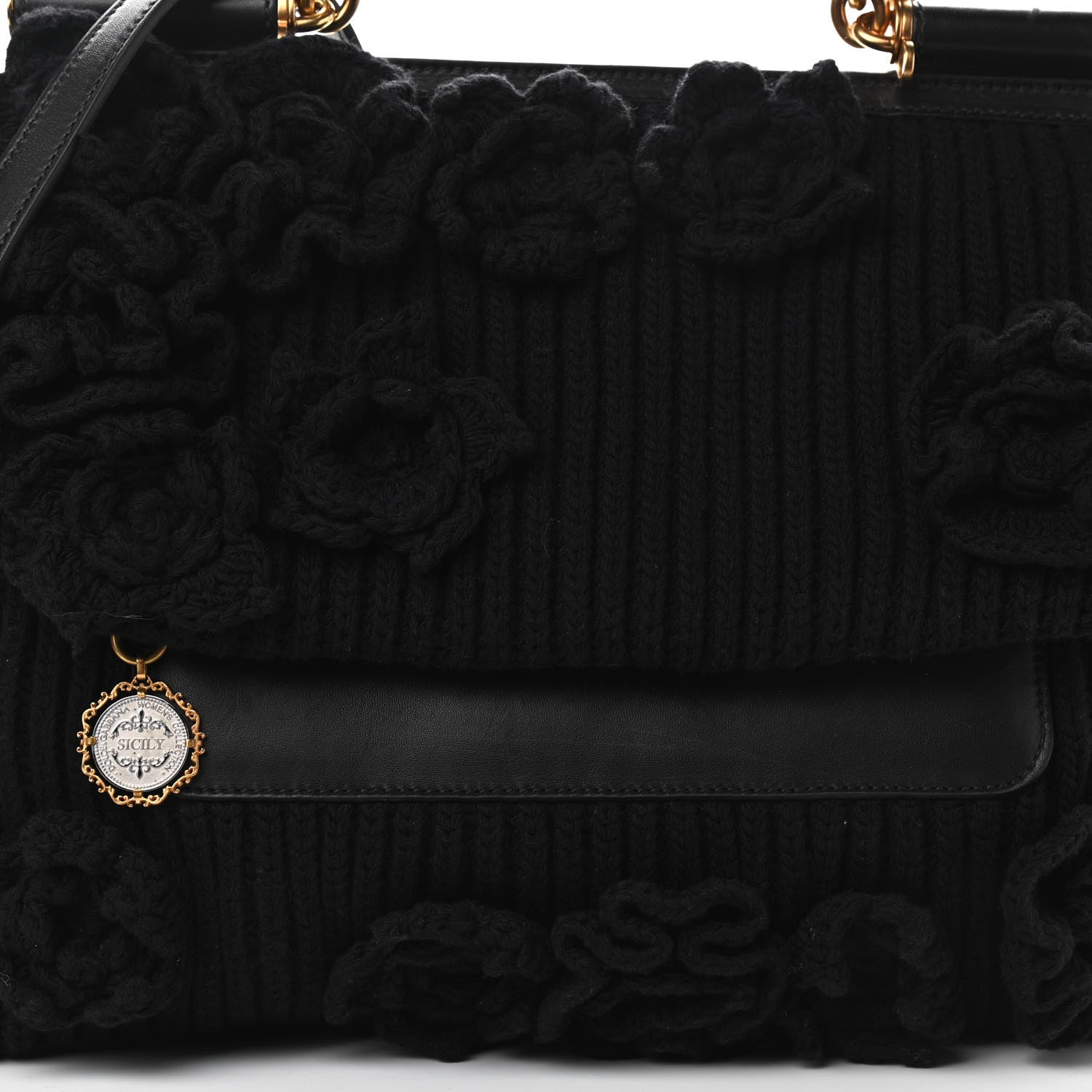 Dolce & Gabbana Calfskin Floral Knit Miss Sicily Satchel Black 8 of 13