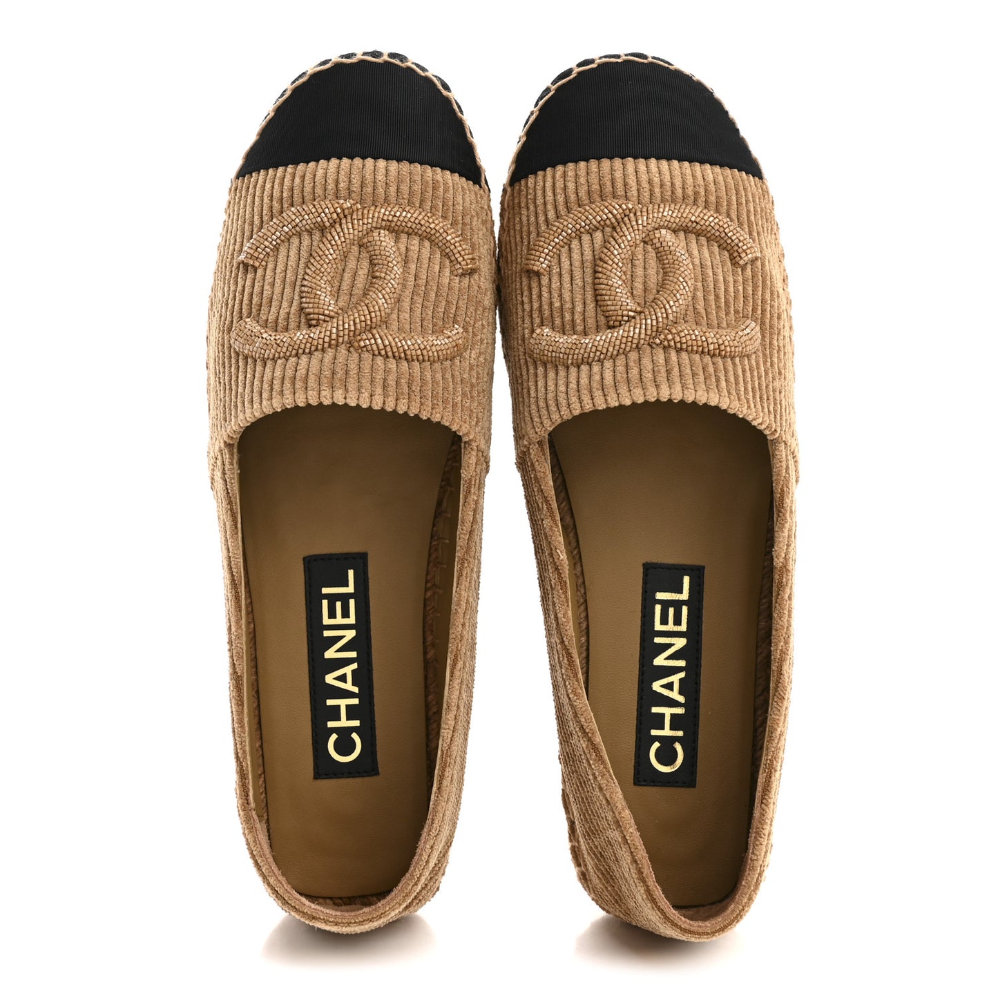 Corduroy Grosgrain Cap Toe CC Espadrille Flats 38 Dark Beige Black