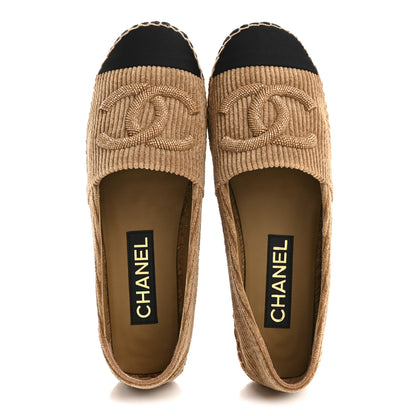Chanel Corduroy Grosgrain Cap Toe CC Espadrille Flats 38 Dark Beige Black 2 of 10