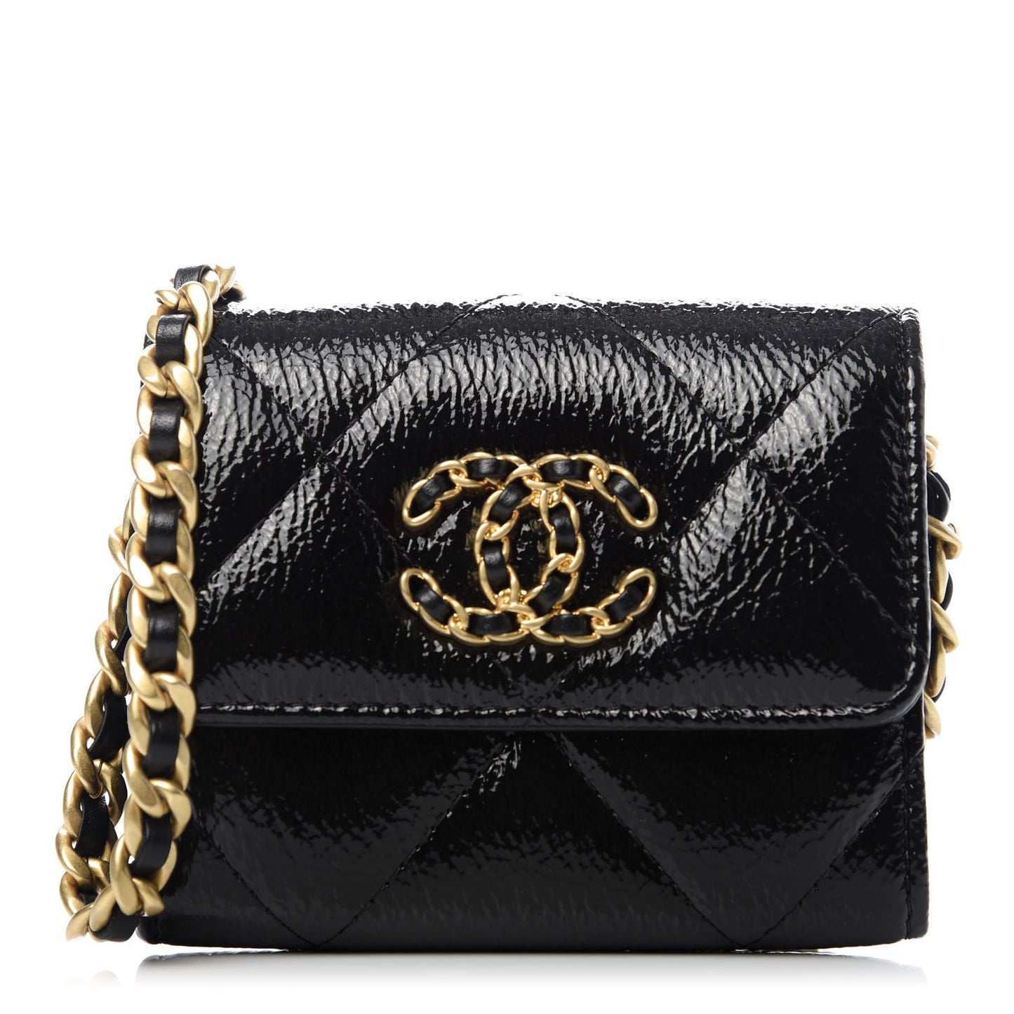 Shiny Crumpled Calfskin Quilted Chanel 19 Flap Coin Purse With Chain Black