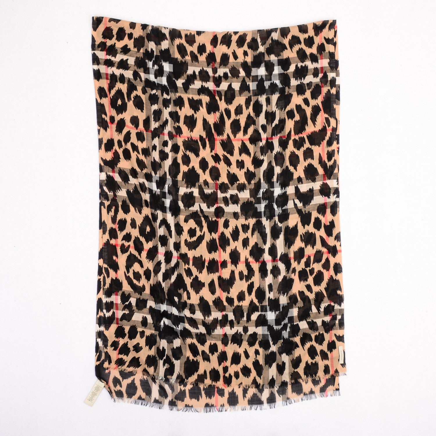 Burberry Wool Silk Animal Check Lightweight Scarf Camel 3 of 8