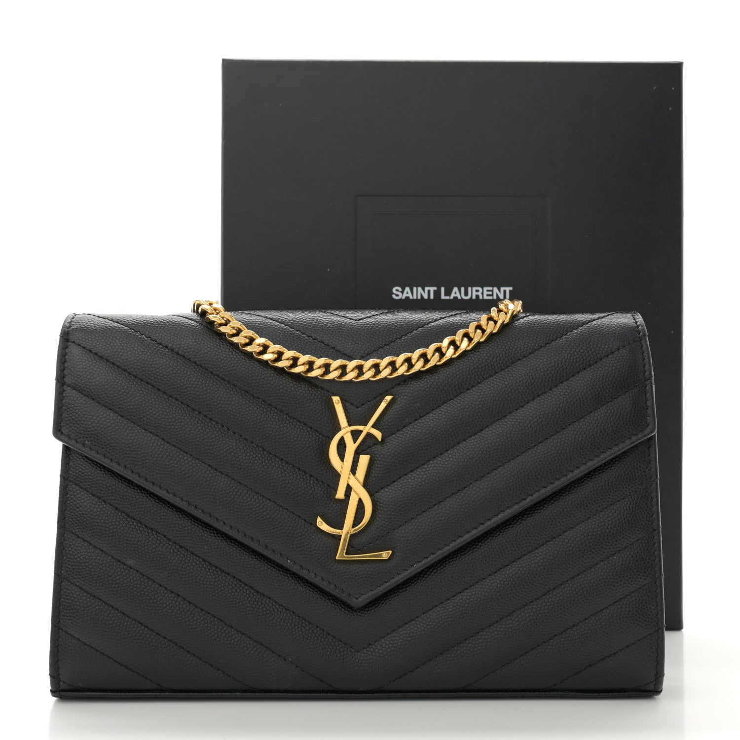 Saint Laurent Grain De Poudre Matelasse Chevron Monogram Chain Wallet Black 13 of 13