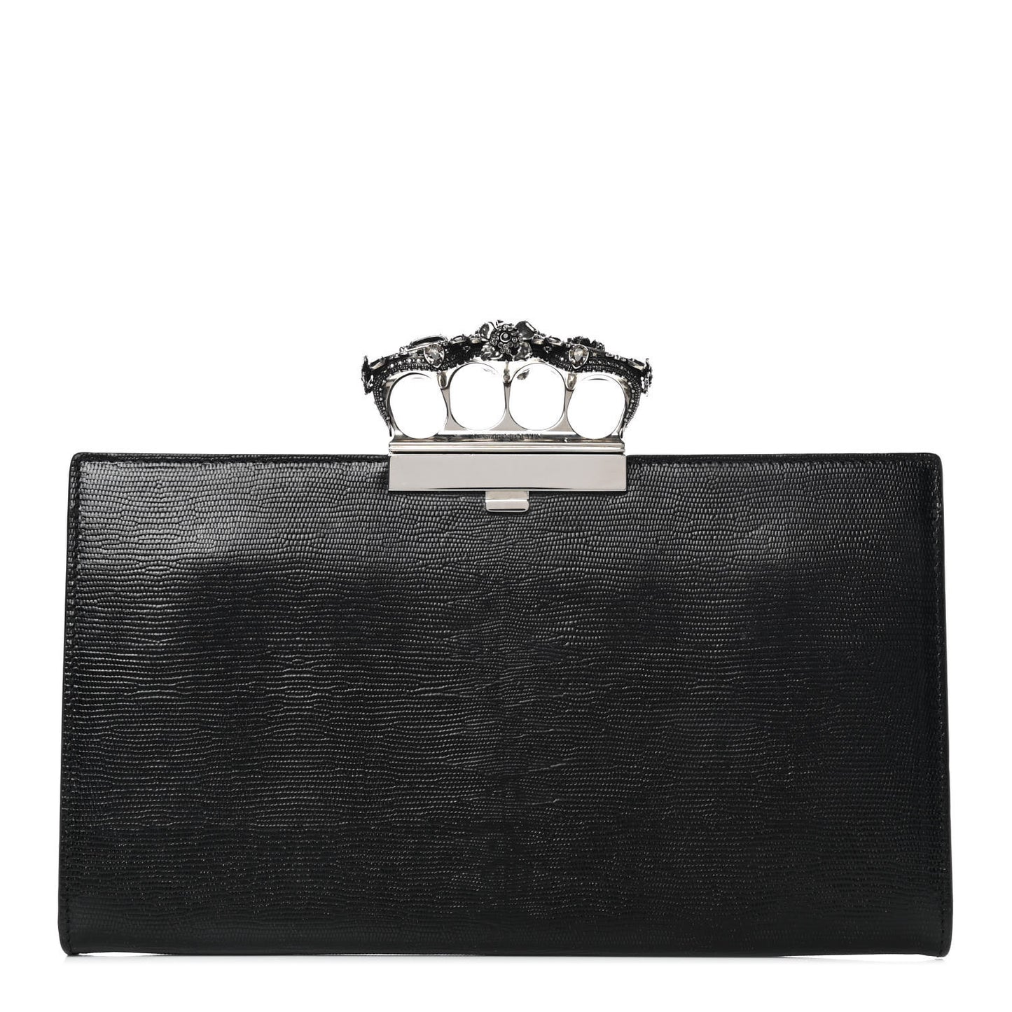 Calfskin Lizard Embossed Knuckle Flat Clutch Black