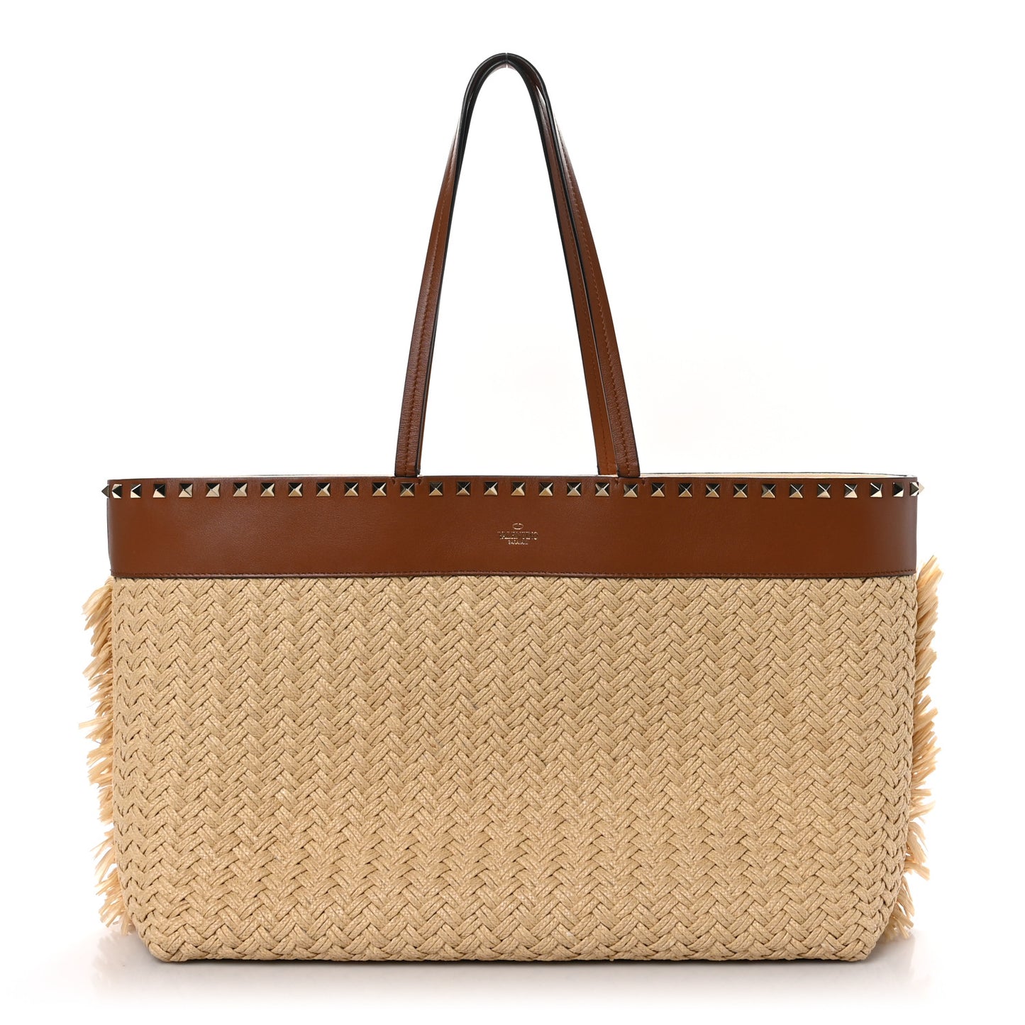 VALENTINO GARAVANI Raffia Calfskin Rockstud Shoulder Tote Naturale Saddle Brown