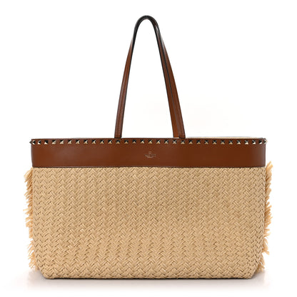 Valentino Garavani VALENTINO GARAVANI Raffia Calfskin Rockstud Shoulder Tote Naturale Saddle Brown 1 of 8