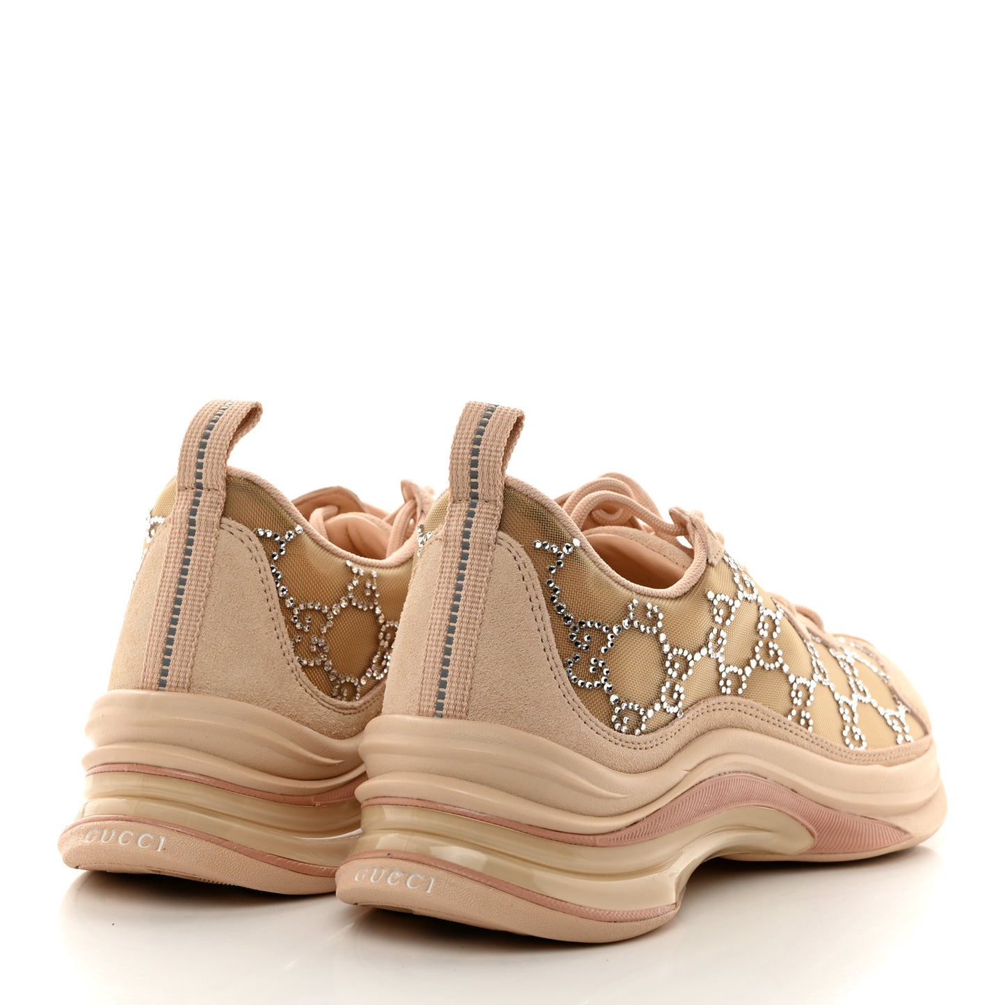 Tela Retino Mesh Crystal Suede GG Monogram Womens Gucci Run Sneakers 37 Light Powder Skin Rose Silver