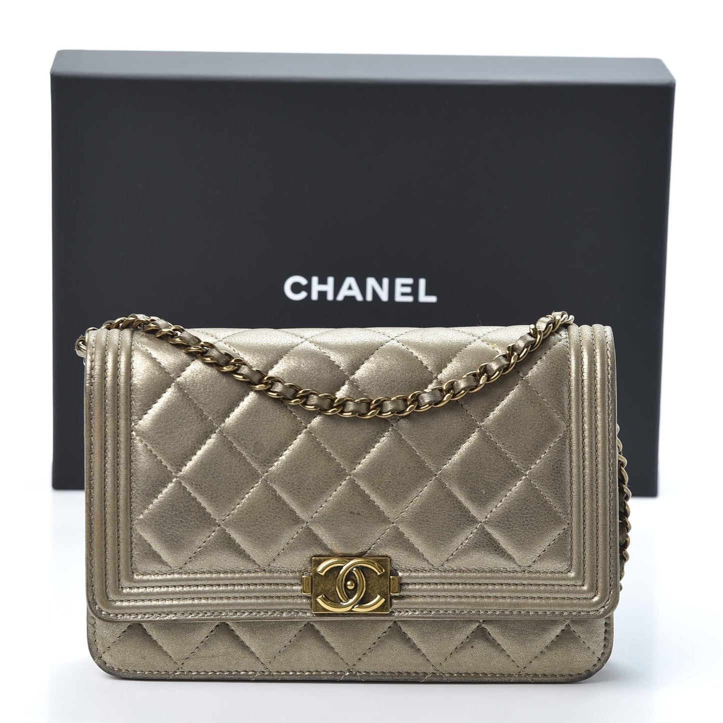 Metallic Lambskin Quilted Boy Wallet On Chain WOC Gold